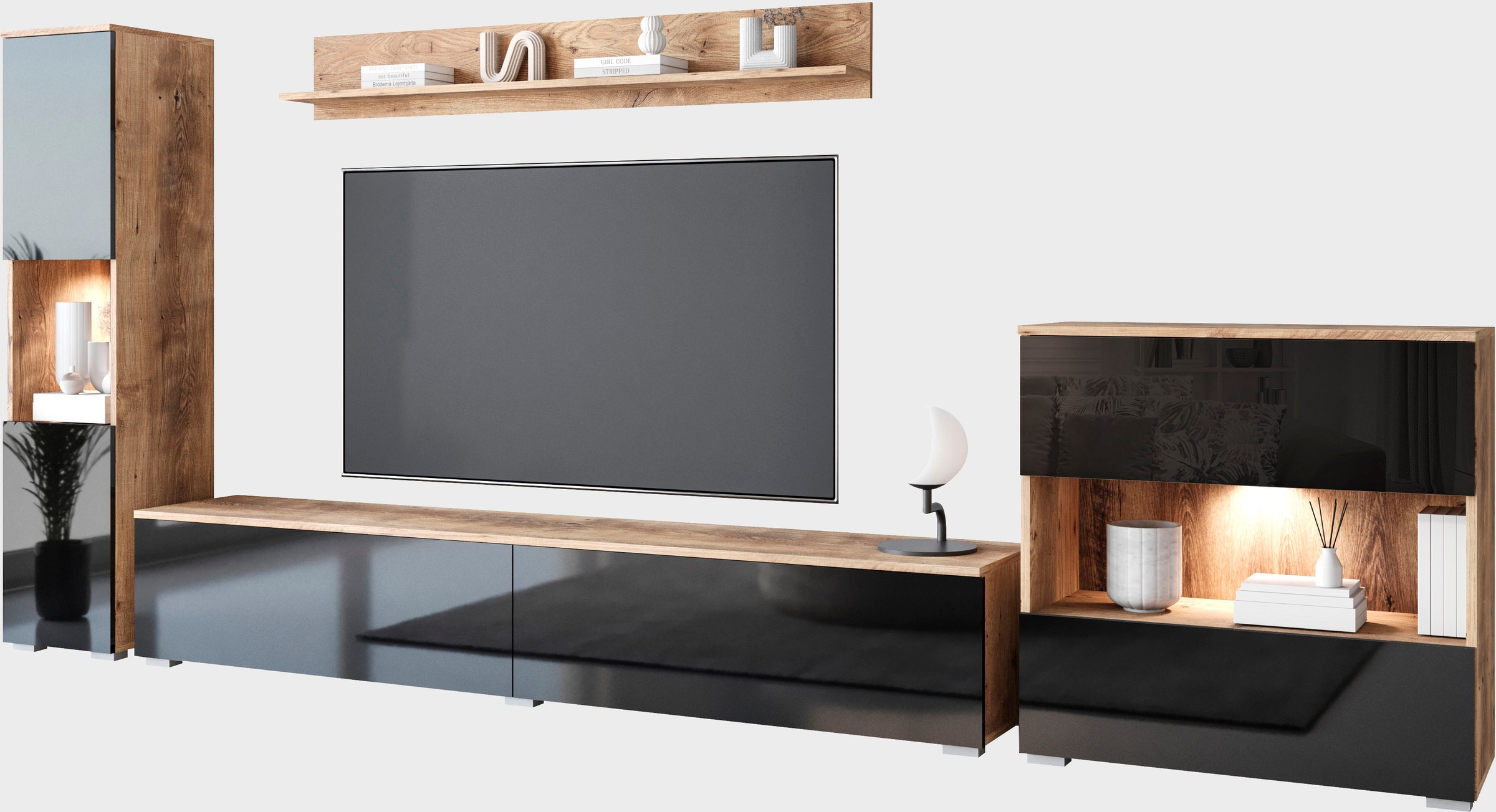 INOSIGN Wohnwand »PARIS«, (Komplett-Set, 4 St.), TV-Wand 300cm breite, grifflose Design, stehend und hängend montierbar