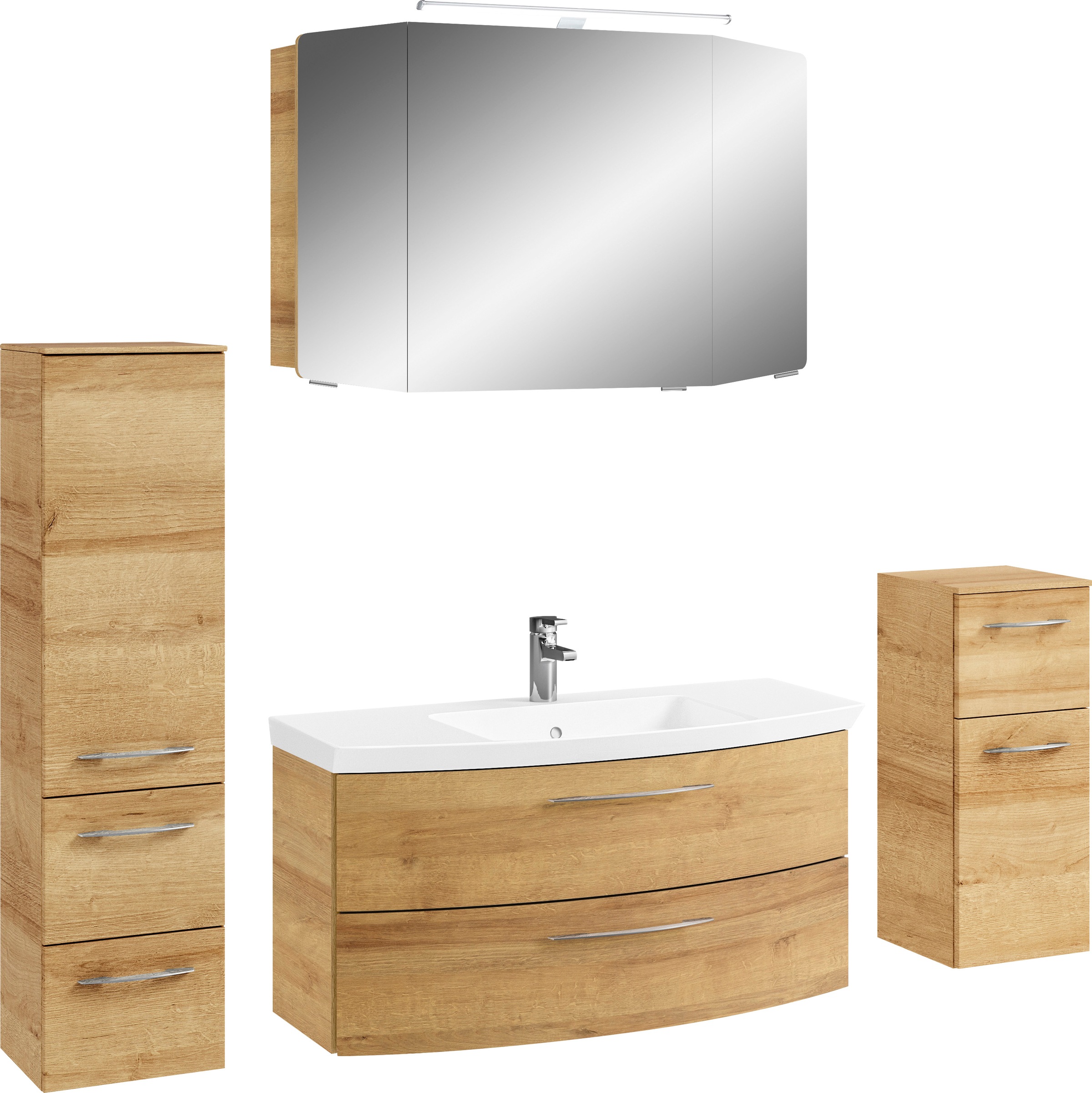 Saphir Badezimmer-Set »Cassca Sprint 4-teilig Mineralmarmor-Waschtisch mit LED-Spiegelschrank«, (5 St.), Midischrank, Unterschrank, inkl. Türdämpfer, 5 Türen, 5 Schubladen