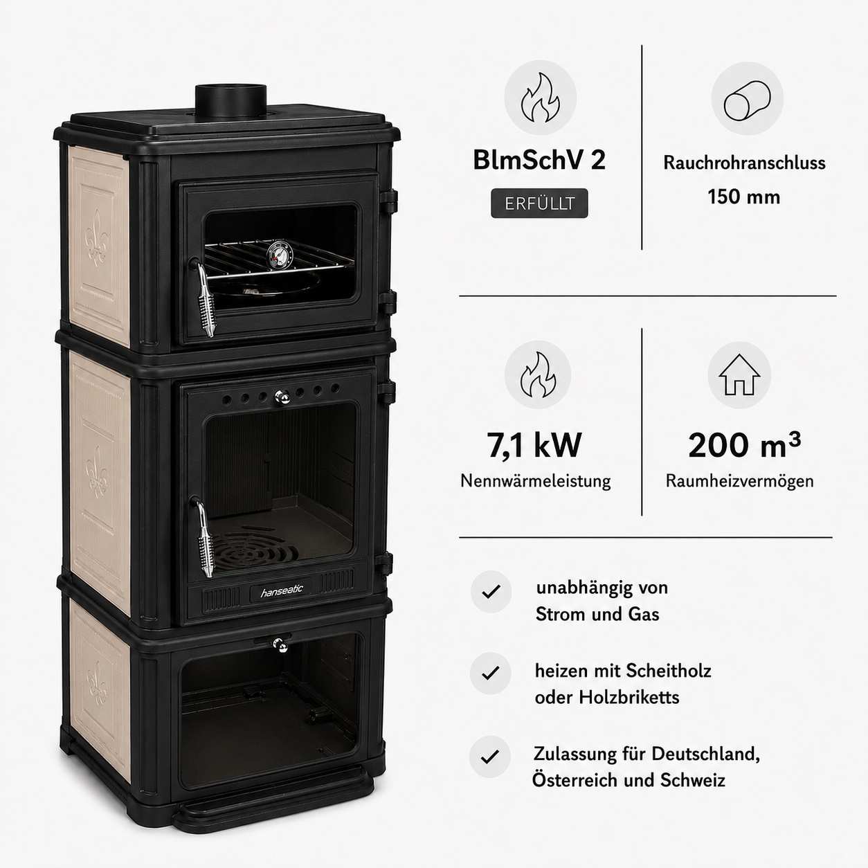 Hanseatic Kaminofen »Minerva, Gussofen mit Backofen und Beige emaillierten Seiten« Großer Feuerraum