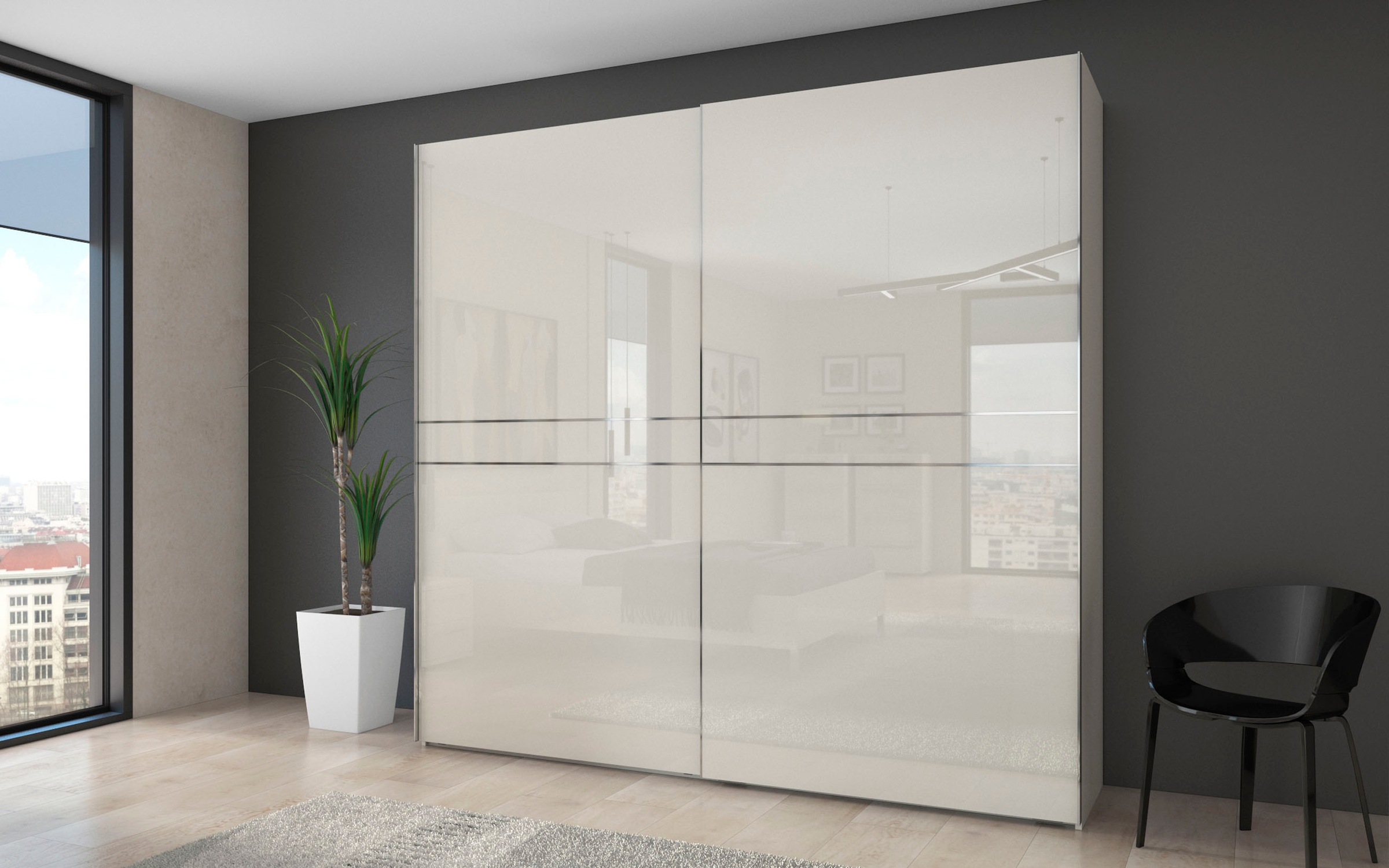 Places of Style Schwebetürenschrank »Piano, FSC-zertifiziert, mit Einlegeböden und Kleiderstangen«, (in 3 Breiten, 224cm hoch), UV lackiert, hochglänzend, mit Soft-Close Funktion, in beige oder weiß