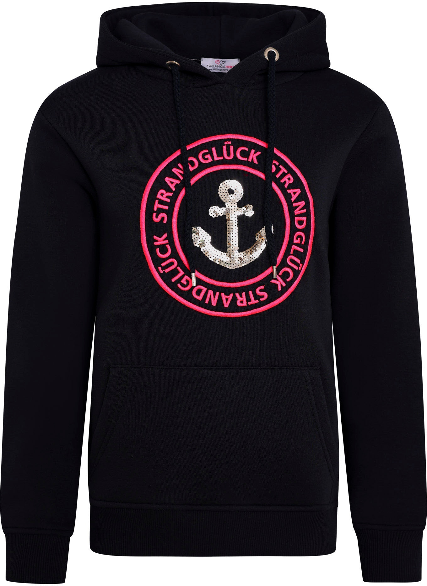 Zwillingsherz Kapuzensweatshirt, gestickter Schriftzug, Kapuze, Langarm, Kängurutasche, Pailletten