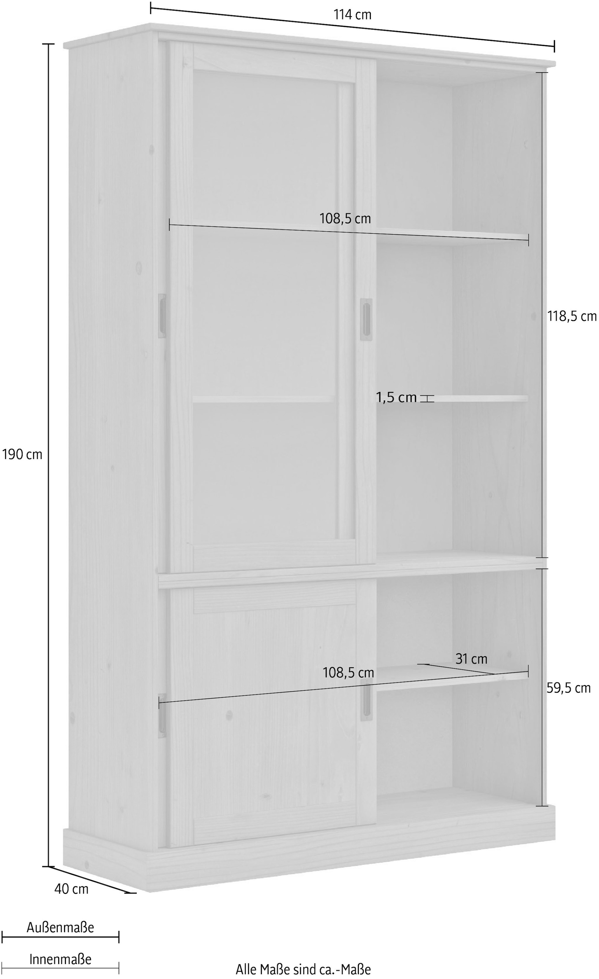 Home affaire Vitrine »Schröder«, mit 2+2 Schiebetüren, aus massivem Kiefernholz, Breite 114 cm