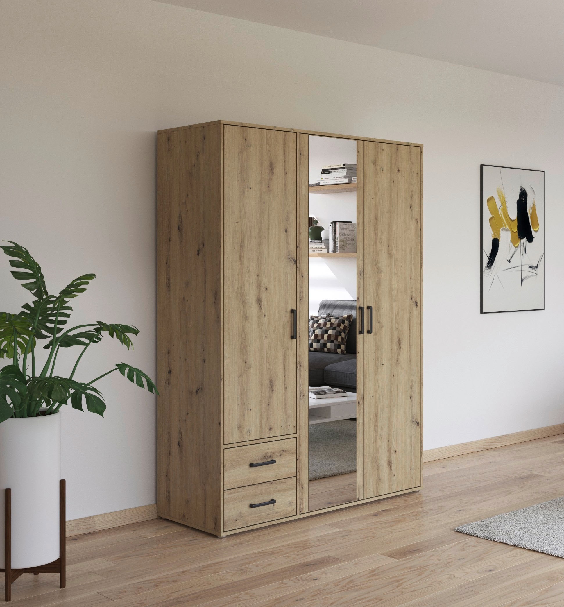 rauch Drehtürenschrank »Kleiderschrank Schrank Garderobe Wäscheschrank VOYAGER«, (in 3 verschiedenen Ausstattungen BASIC/CLASSIC/PREMIUM), mit modernen Griffen in Graumetallic, inkl. Schubkästen und Spiegel