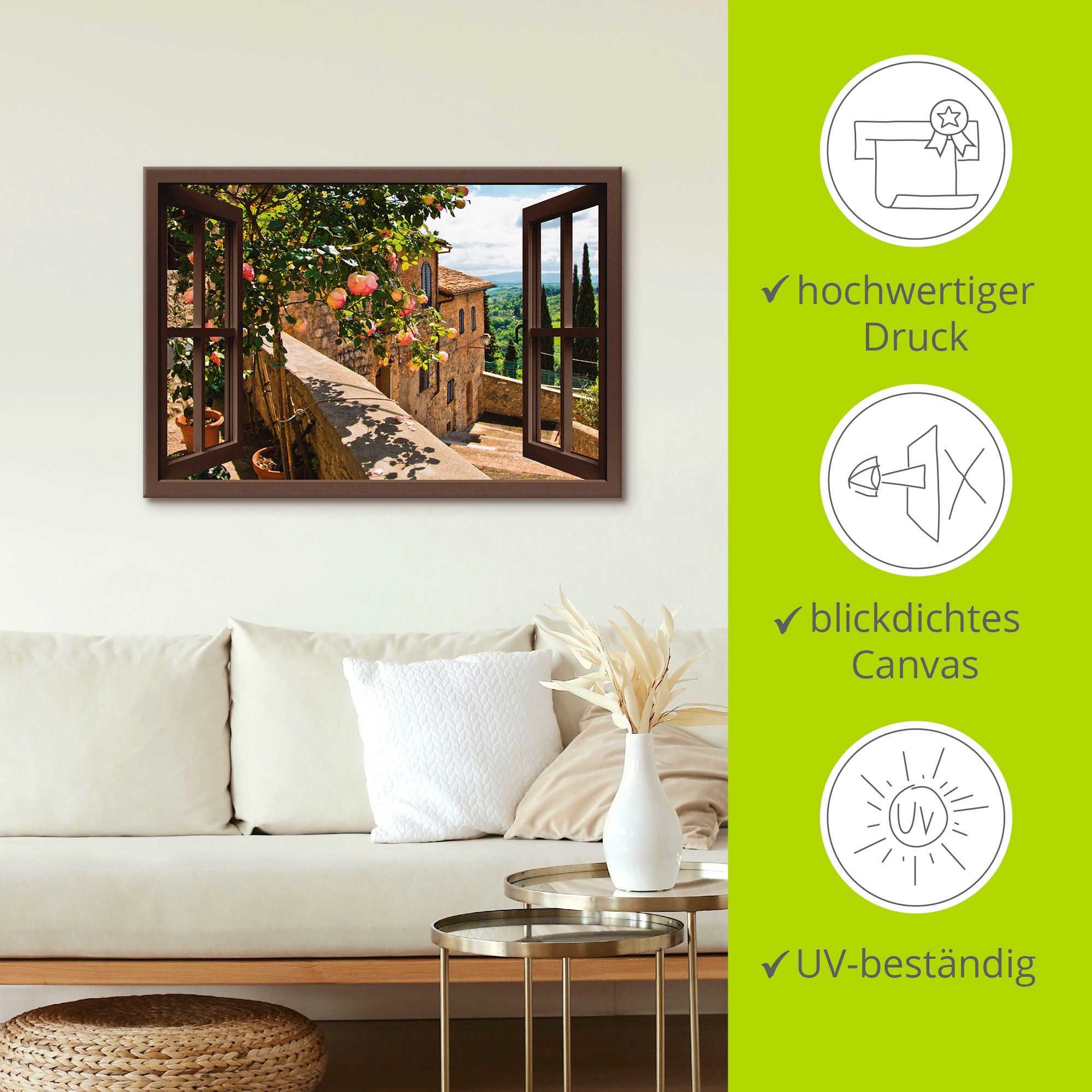 Artland Wandbild »Fensterblick Rosen auf Balkon Toskana«, Garten, (1 St.), als Alubild, Outdoorbild, Leinwandbild, Poster, Wandaufkleber