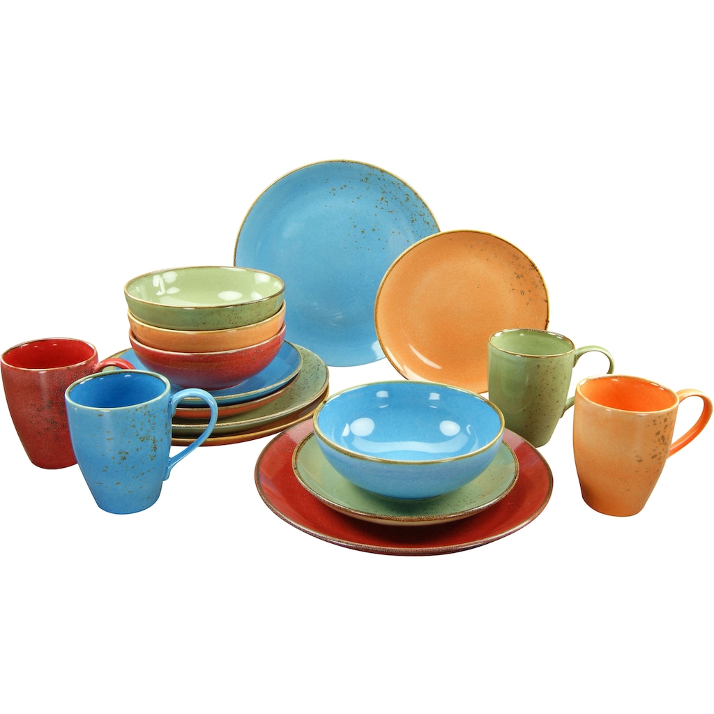 CreaTable Kombiservice »Geschirr-Set NATURE COLLECTION Summer«, (Set, 16 tlg., Kaffeeservice und Tafelservice im Set, für 4 Personen), Service, Naturfarben mit Sprenkeln, 16 Teile, für 4 Personen