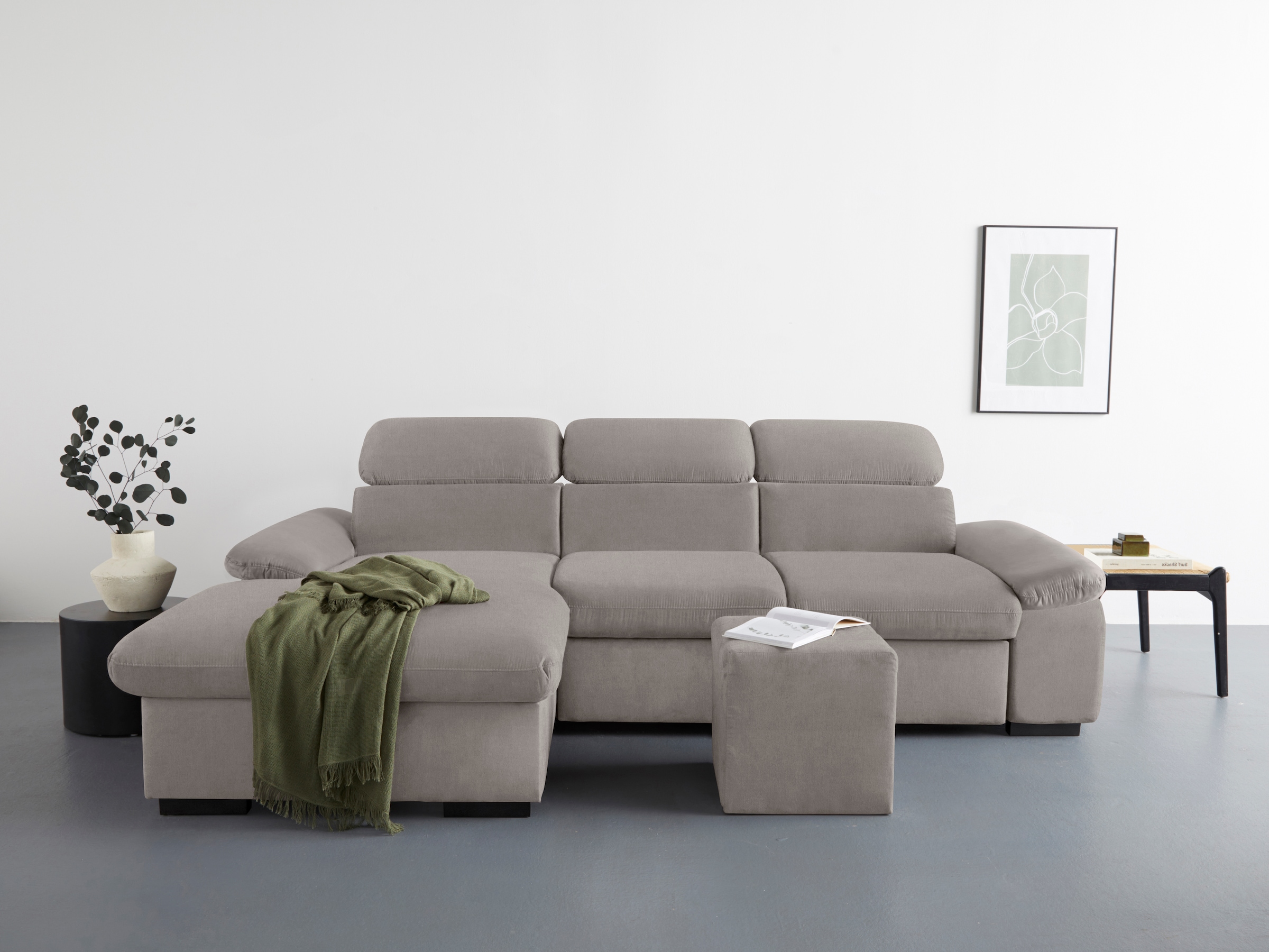 COTTA Ecksofa »Lola L-Form mit Kopfteilfunktion & Hocker«, (Set, mit Hocker), wahlweise mit Bettfunktion, Bettkasten & Armteilverstellung