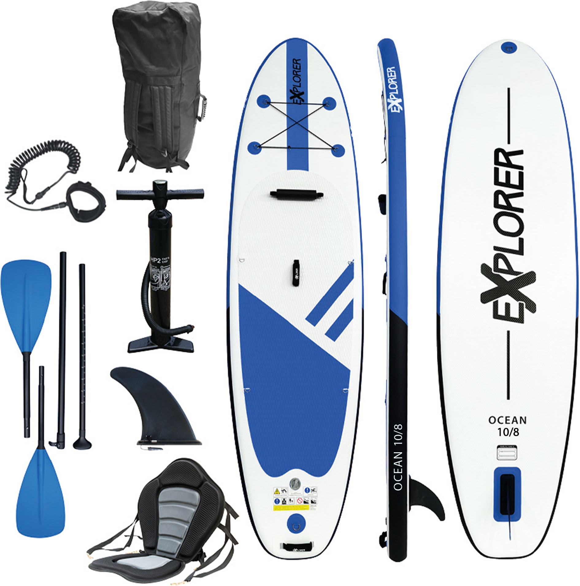EXPLORER Inflatable SUP-Board »Ocean 10‘8“ Aufblasbares Stand Up Paddle Set (325x84x15cm)«, (Set, 8 tlg., incl. Zubehör, Kajaksitz, Fußschlaufe)