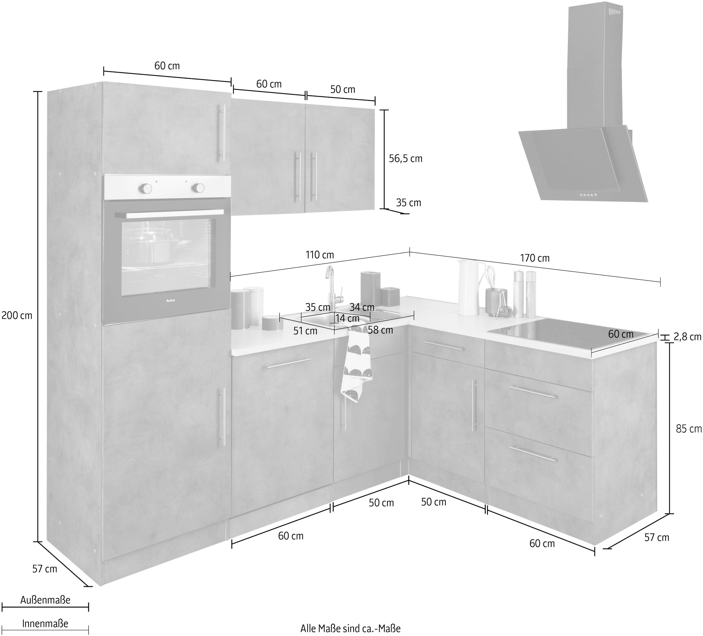 wiho Küchen Winkelküche »Cali«, ohne 230 E-Geräte, bestellen Rechnung 170 auf cm x Stellbreite