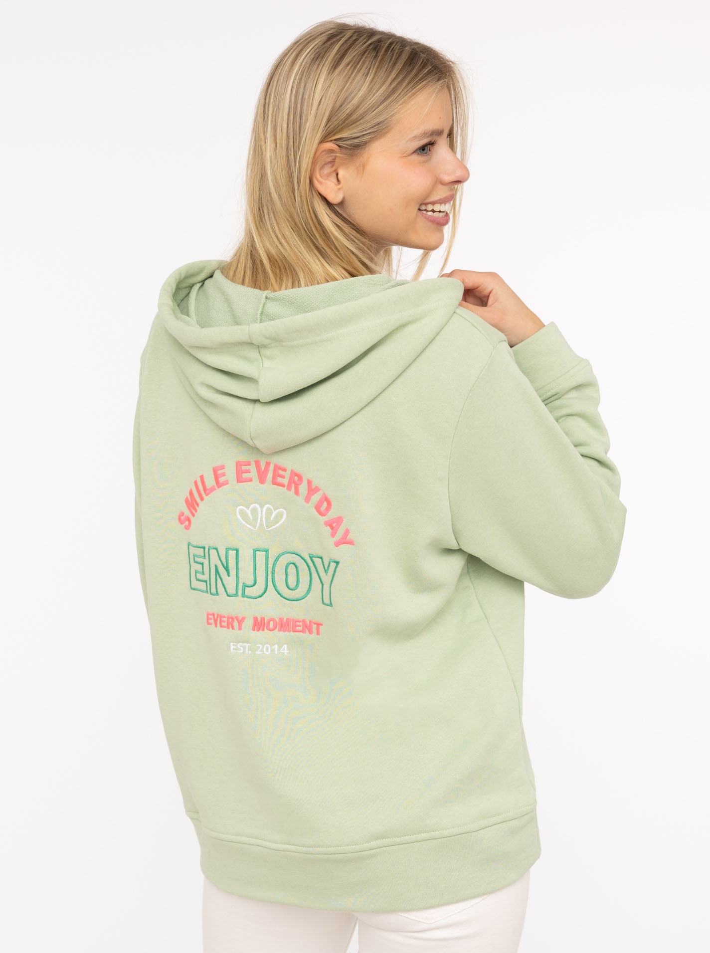 Zwillingsherz Hoodie »"Smile Everyday Enjoy"«, mit V-Ausschnitt und großer, gestickter Botschaft auf dem Rücken