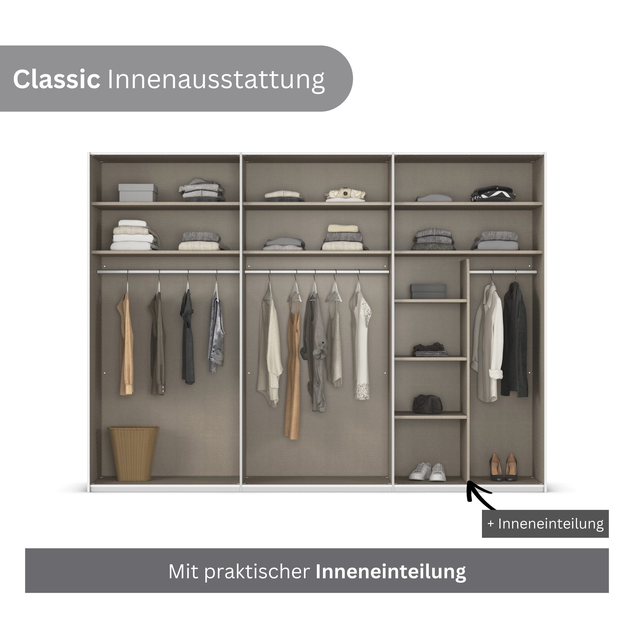 rauch Schwebetürenschrank »Kleiderschrank Schrank Garderobe Schlafzimmerschrank CONTIDO«, (in 3 verschiedenen Ausstattungen BASIC/CLASSIC/PREMIUM), aus hochwertigem Material in 6 Breiten 2 Griff-Farben MADE IN GERMANY