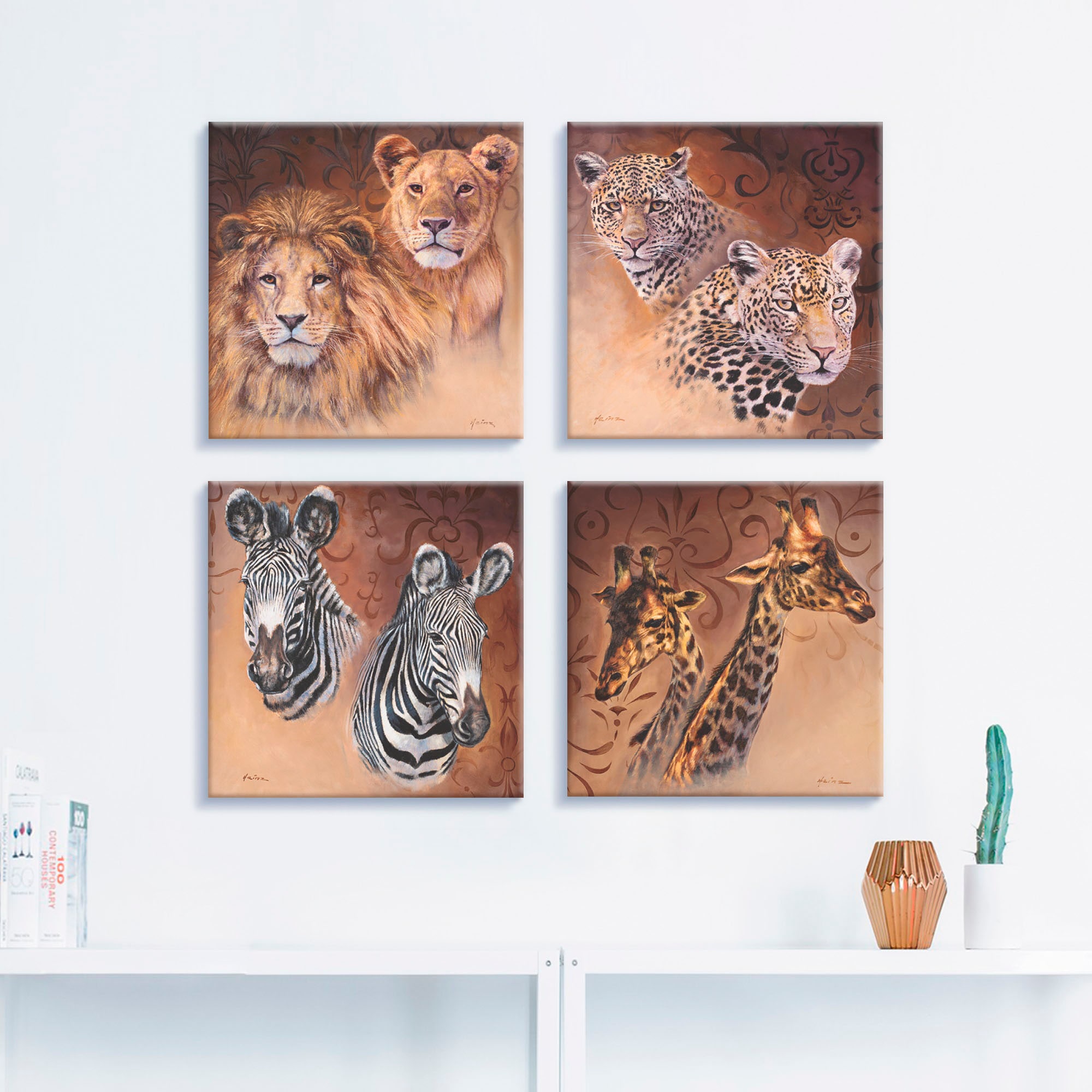 Artland Leinwandbild »Löwen Leoparden Zebra Giraffen«, Wildtiere, (4 St.),  4er Set, verschiedene Größen auf Rechnung kaufen
