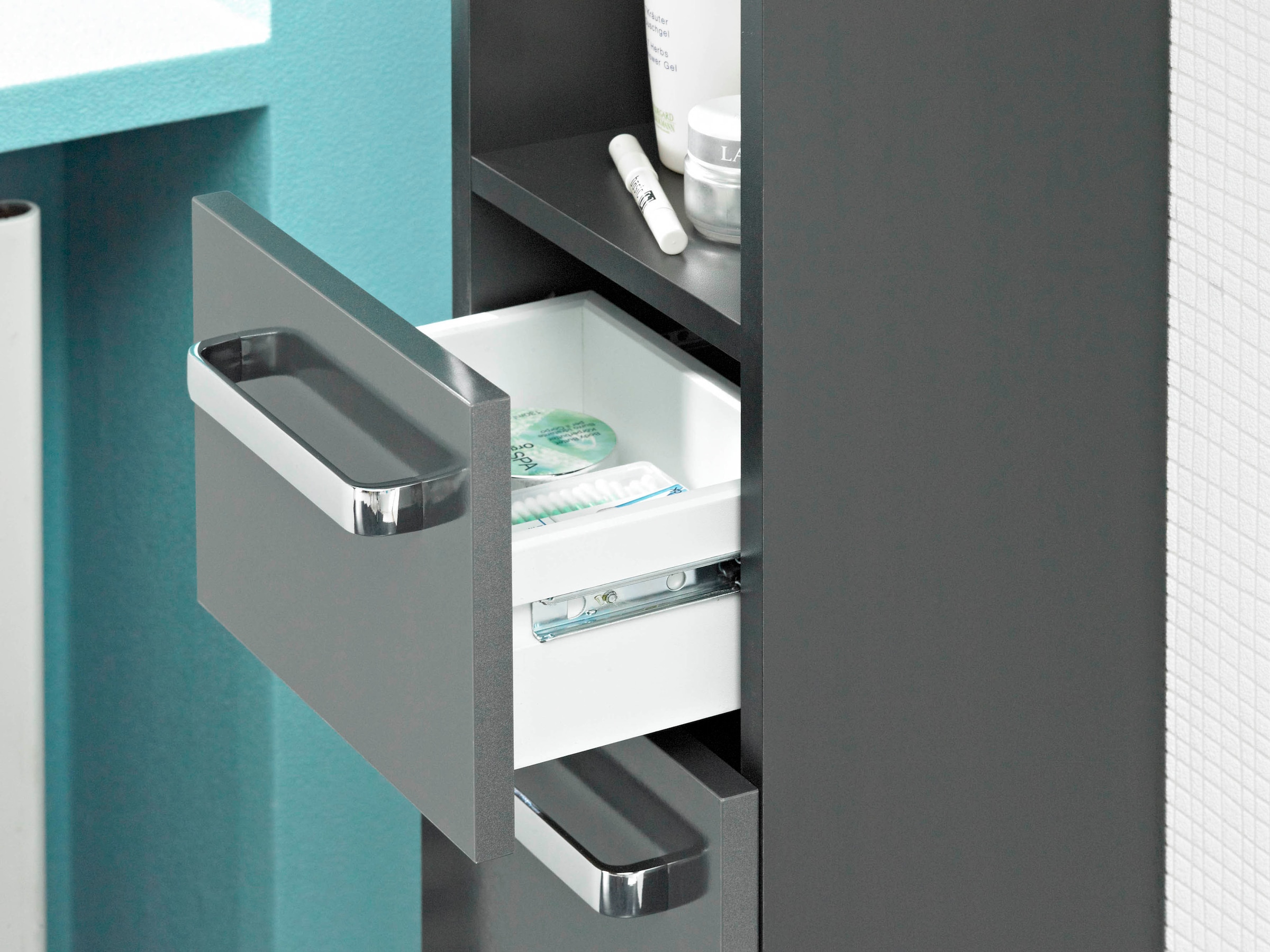 Saphir Hochschrank »Quickset Badschrank 30 cm breit, 2 Türen, 1 Nische, 1 Schublade« Badezimmer-Hochschrank inkl. Türdämpfer, Griffe in Chrom glänzend