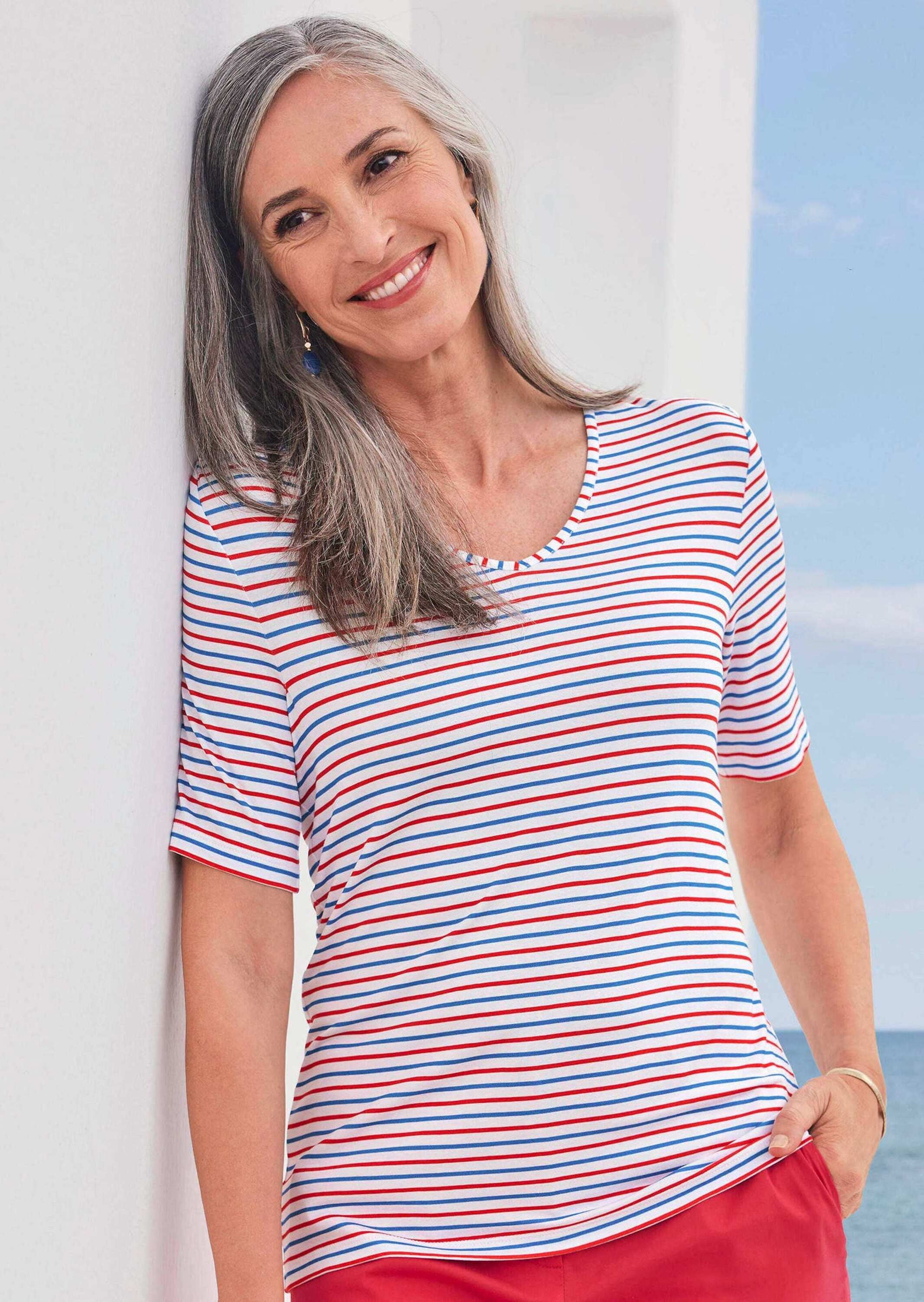 GOLDNER Kurzarmshirt »Kurzgröße Maritimer Streifenlook mit V-Ausschnitt« Sonstige