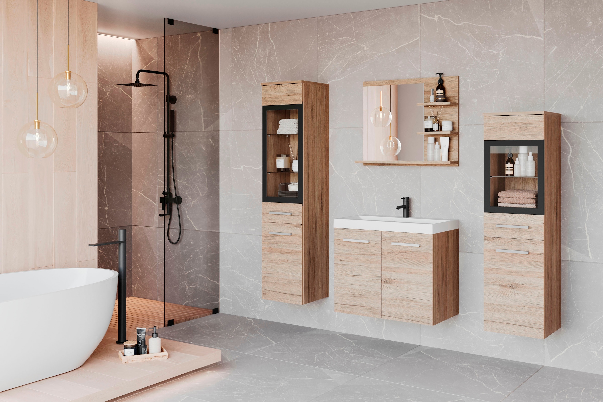 welltime Badmöbel-Set »MADRIT«, (Komplett-Set, 4 St., mit Waschbecken), Waschtisch inkl. Waschbecken, Badschrank, Hochschrank, Spiegel