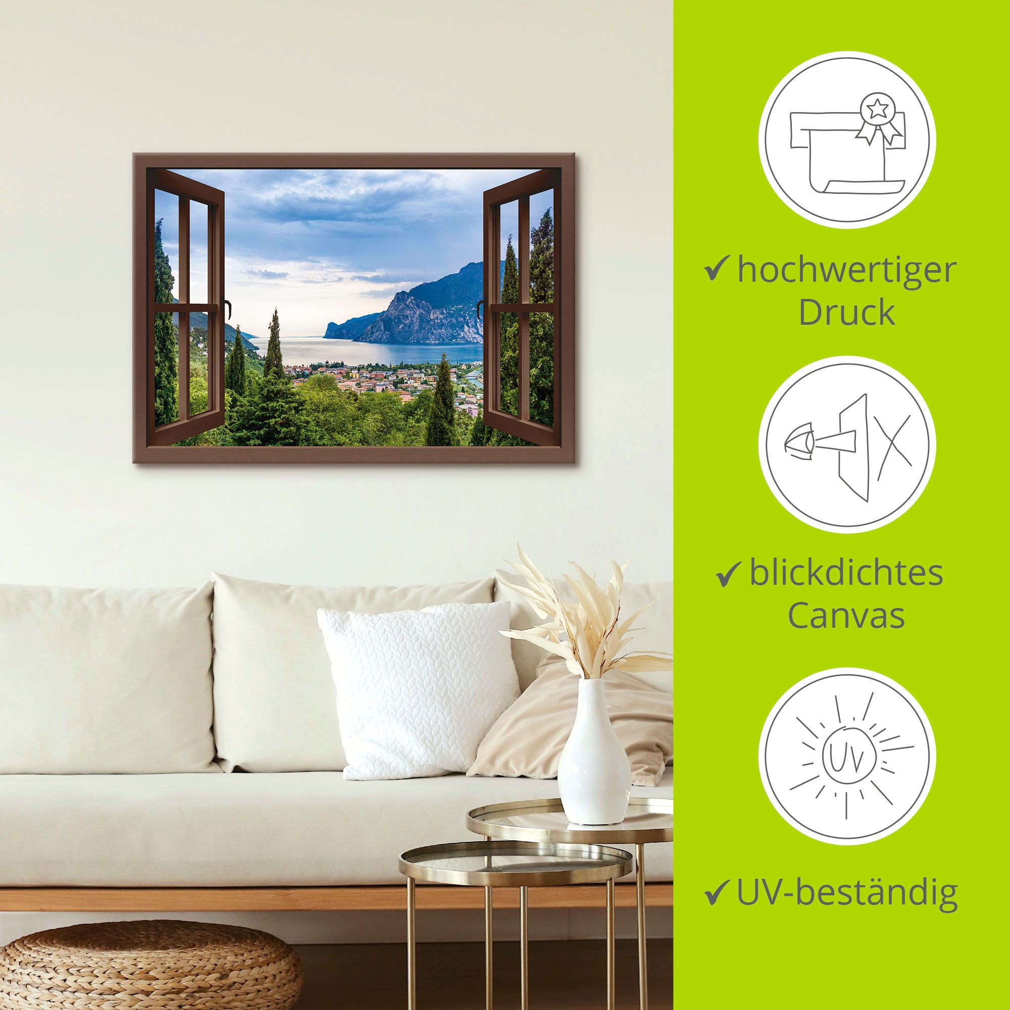 Artland Wandbild »Gardasee durchs braune Fenster« Seebilder 1 Stk. tlg. als Alubild, Leinwandbild in verschied. Größen