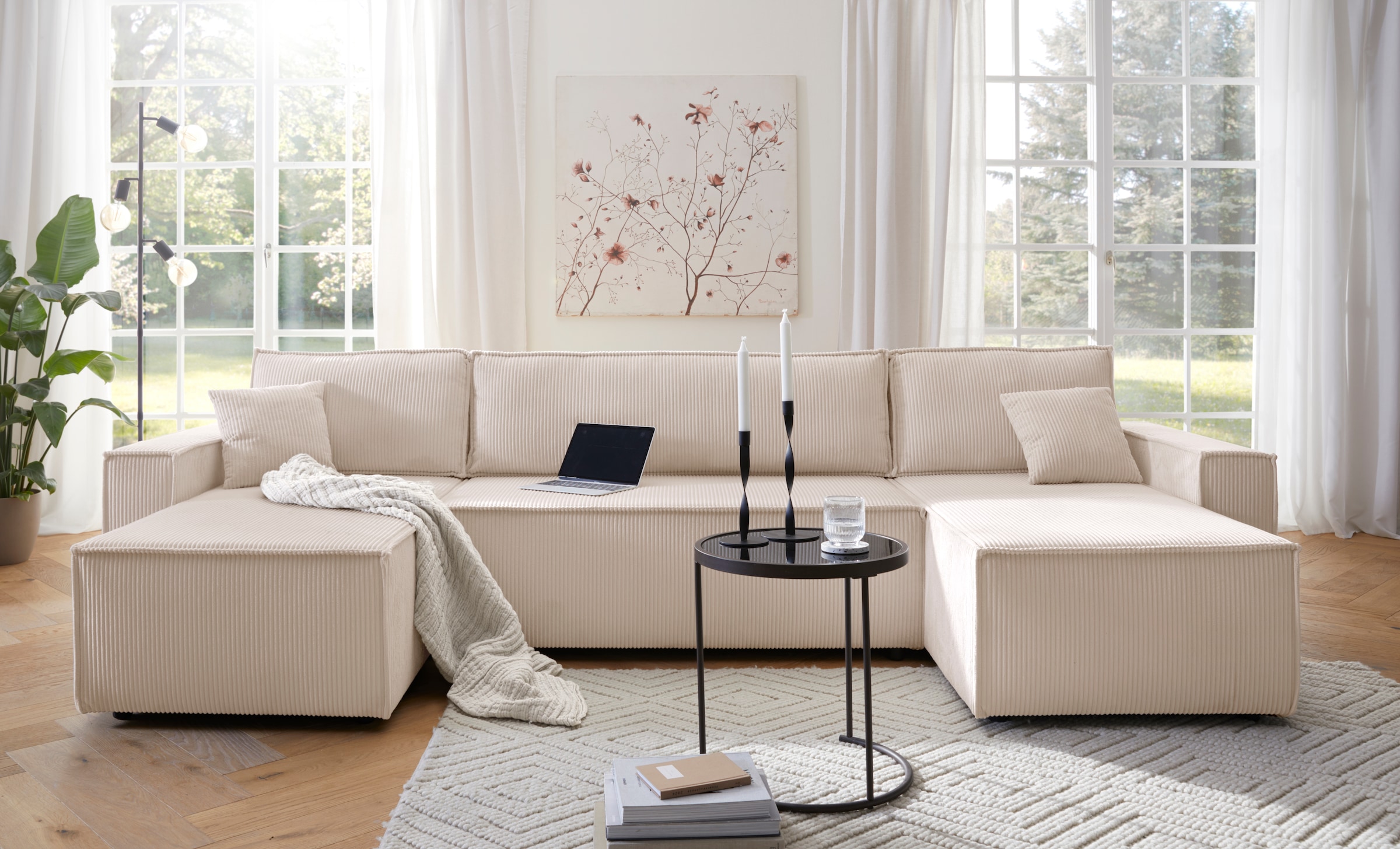 OTTO home Wohnlandschaft »CASSI, 311 cm, U-Form, Schlafsofa, Dauerschläfer, Boxspringfederung« Schlaffunktion (133/270cm), Bettkasten, Seitentaschen, Cord-Bezug