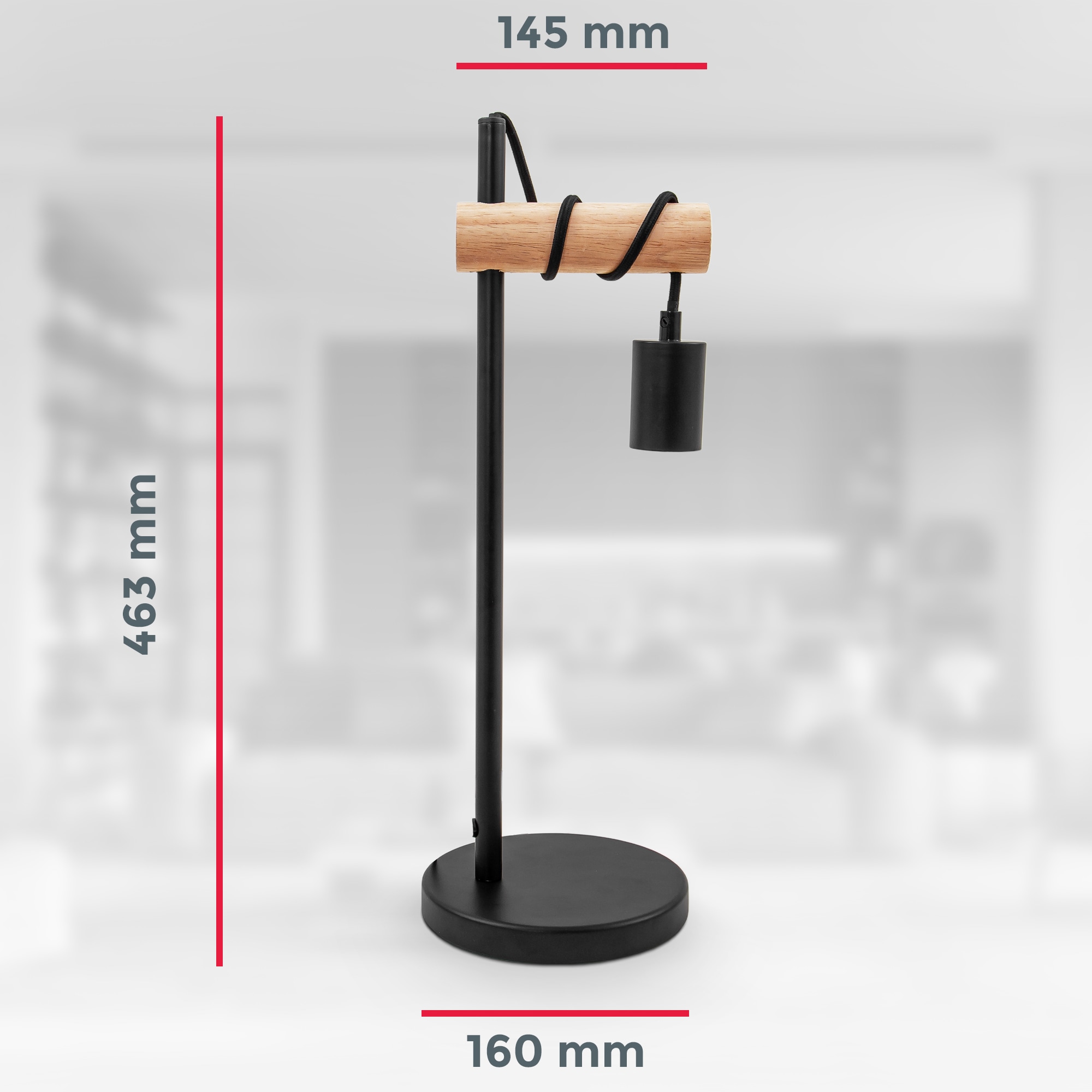 B.K.Licht Tischleuchte, 1 flammig, Leuchtmittel E27 | ohne Leuchtmittel, Tischlampe, 1 flammig,Industrial-Design, Retro, Stahl, Holz, rund