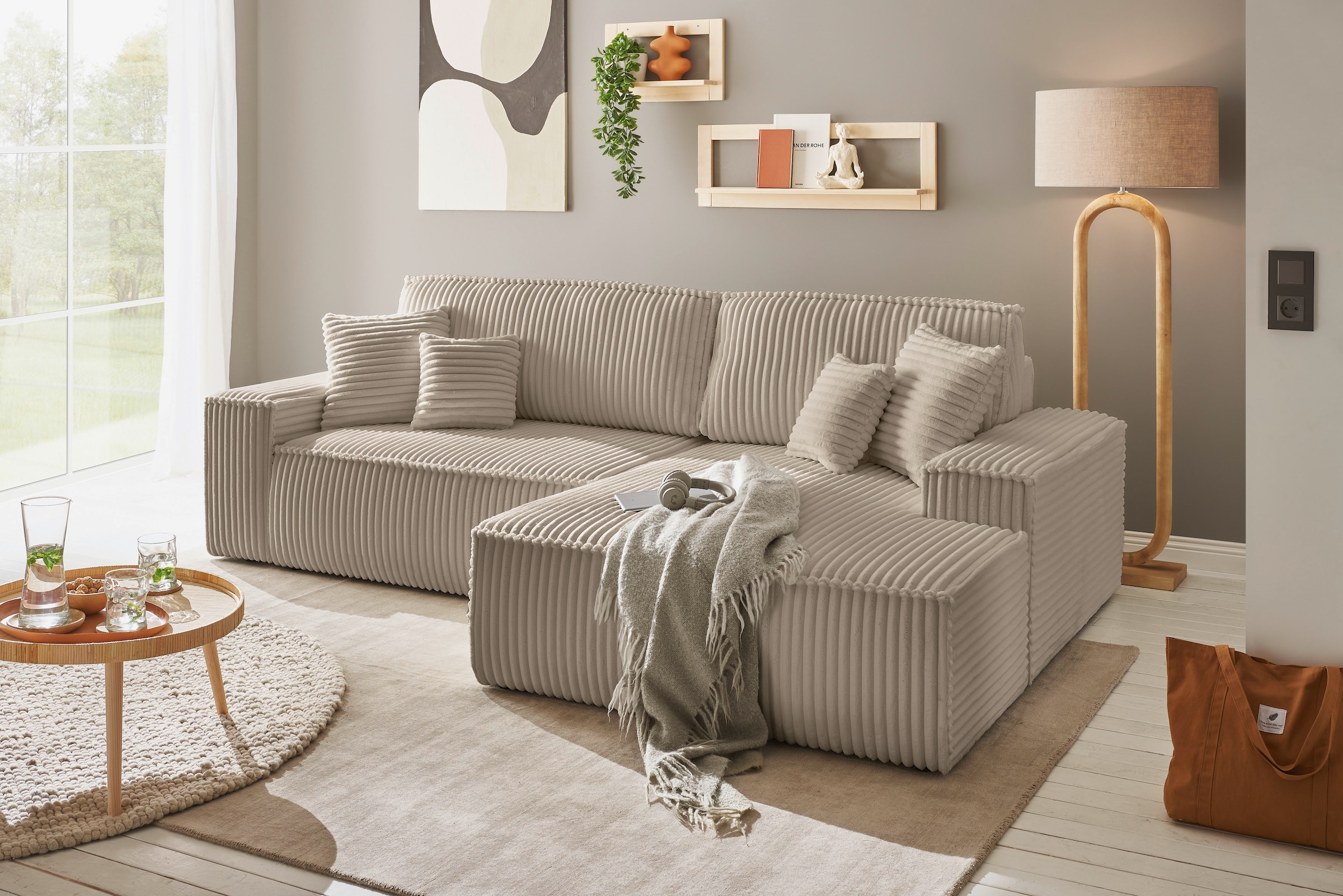 andas Ecksofa »Finnley Schlafsofa 267 cm in Bouclé, Struktur fein u. Cord, L-Form,«, Schlaffunktion m. Bettkasten (136/210 cm), Bouclé, Struktur und Cord