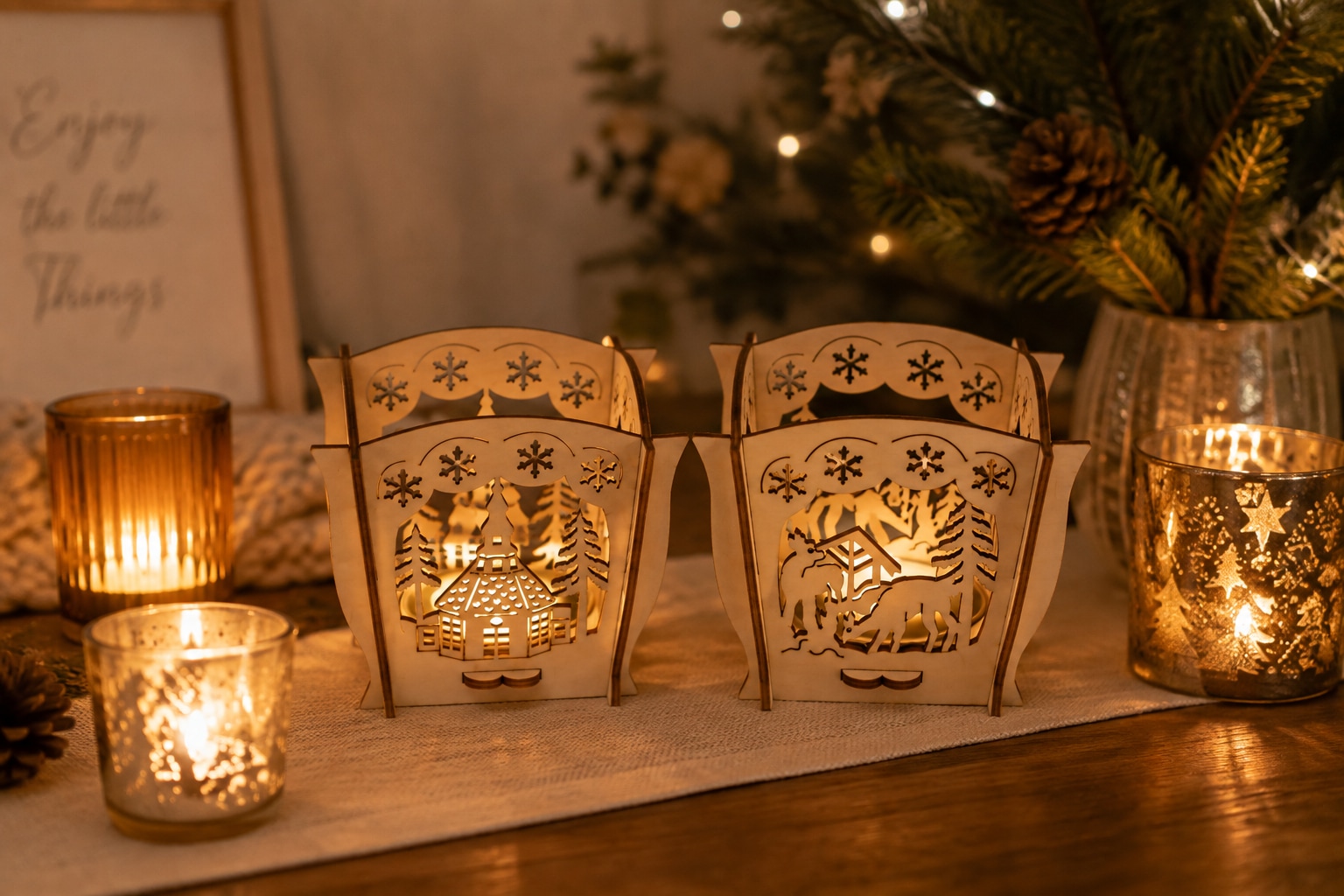 OTTO home Kerzenhalter »Holz, detailreiche Wintermotive, 2er-Set« Gratis-Hänger, Höhe 7,5 cm, detailreiche winterliche Motive