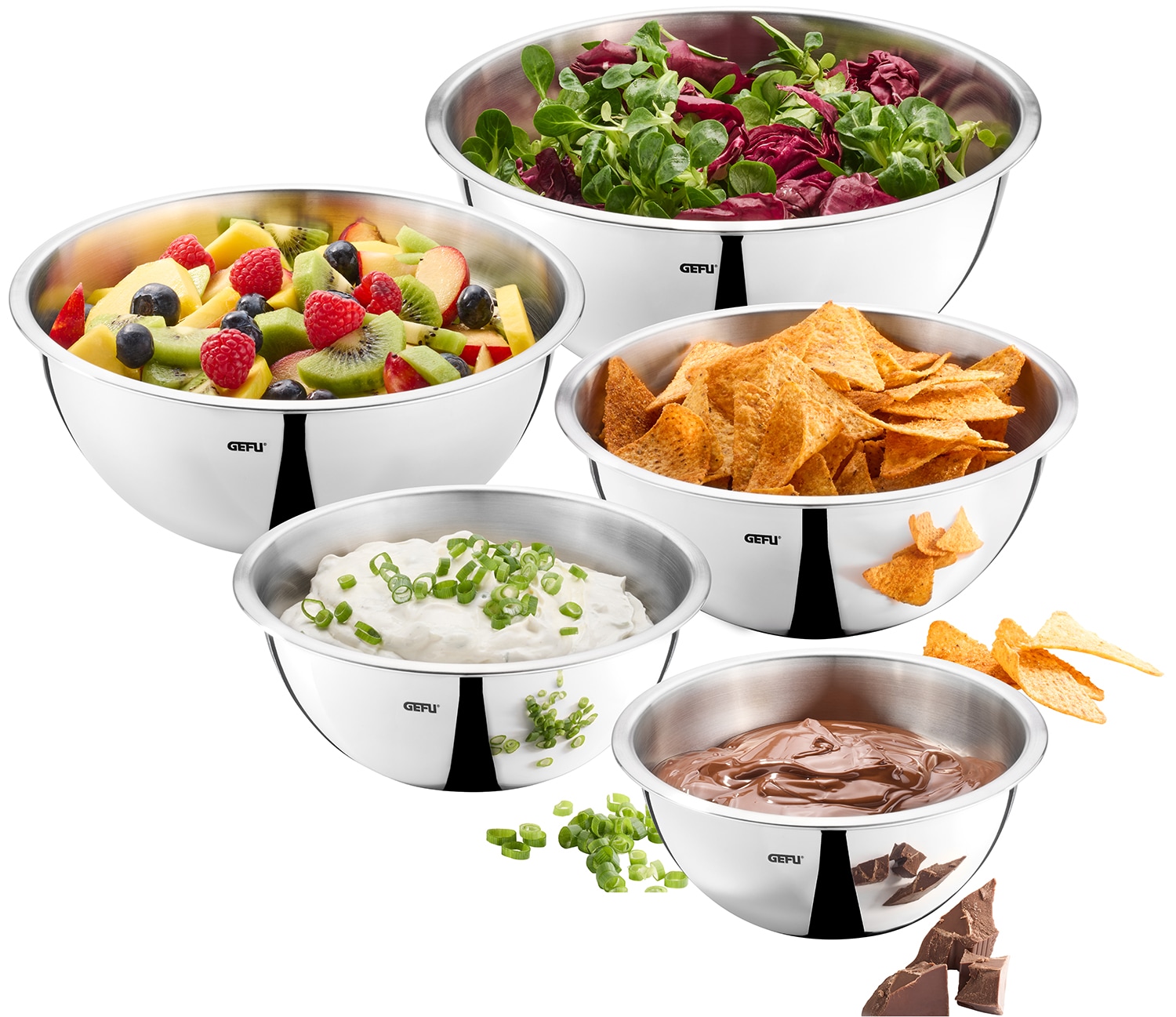 GEFU Rührschüssel »Edelstahlschüssel-Set, 5-teilig Schüssel-Set« 5 Stk. aus Edelstahl stapelbar, praktischer Schüttrand für tropffreies Ausgießen