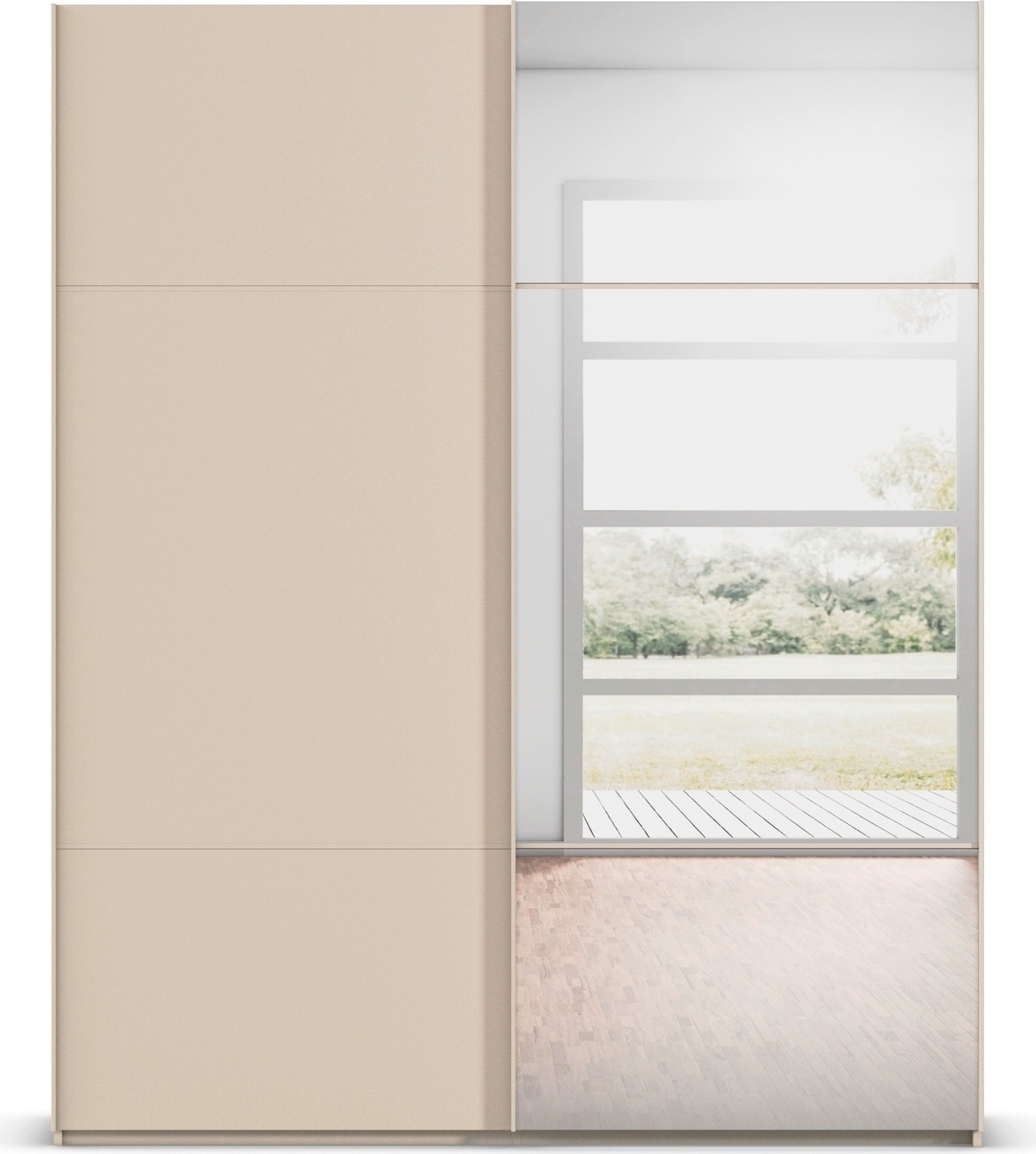 rauch Schwebetürenschrank »Kleiderschrank Schrank Garderobe Schlafzimmerschrank SCALE-TRIO«, edle dreigeteilte Front mit 2 Zierleisten und Spiegel MADE IN GERMANY