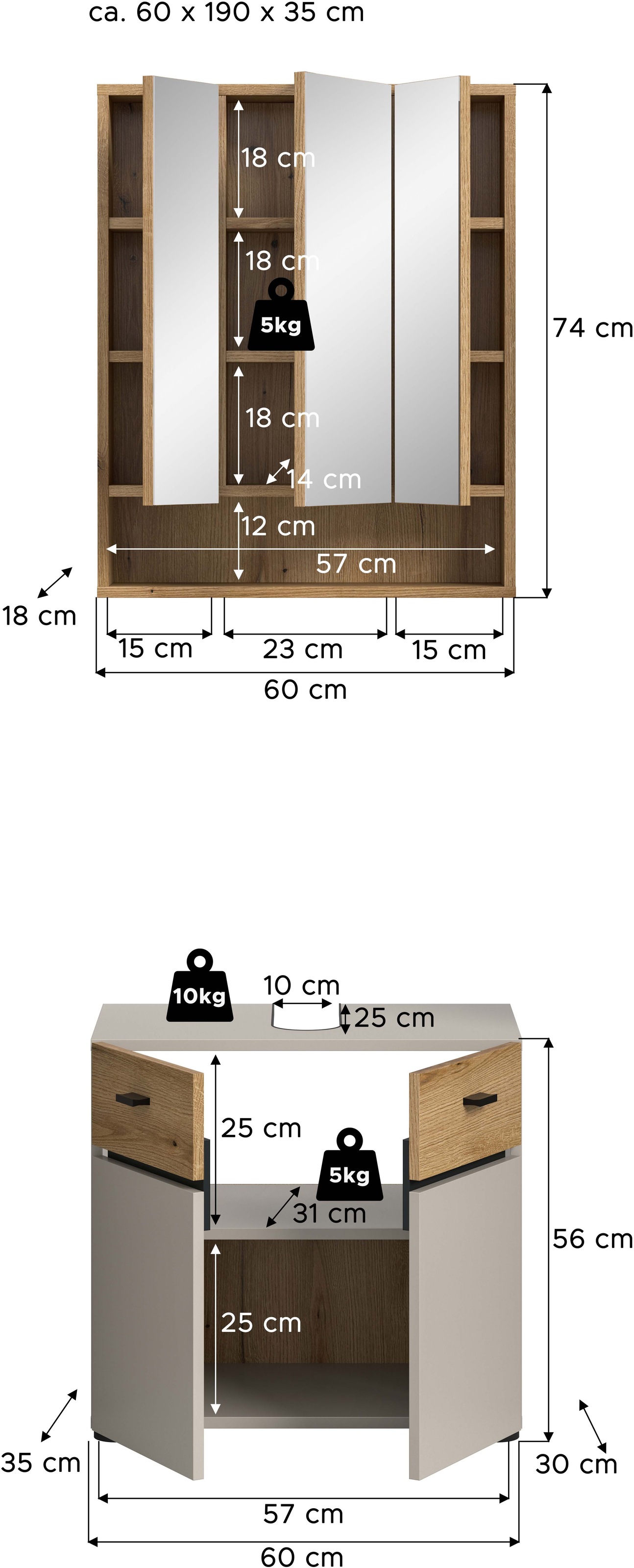 welltime Badmöbel-Set »VANN, 2-teilige moderne Badkombination« 1x Waschbeckenunterschrank, 1x Spiegelschrank, 2 Stk. tlg.