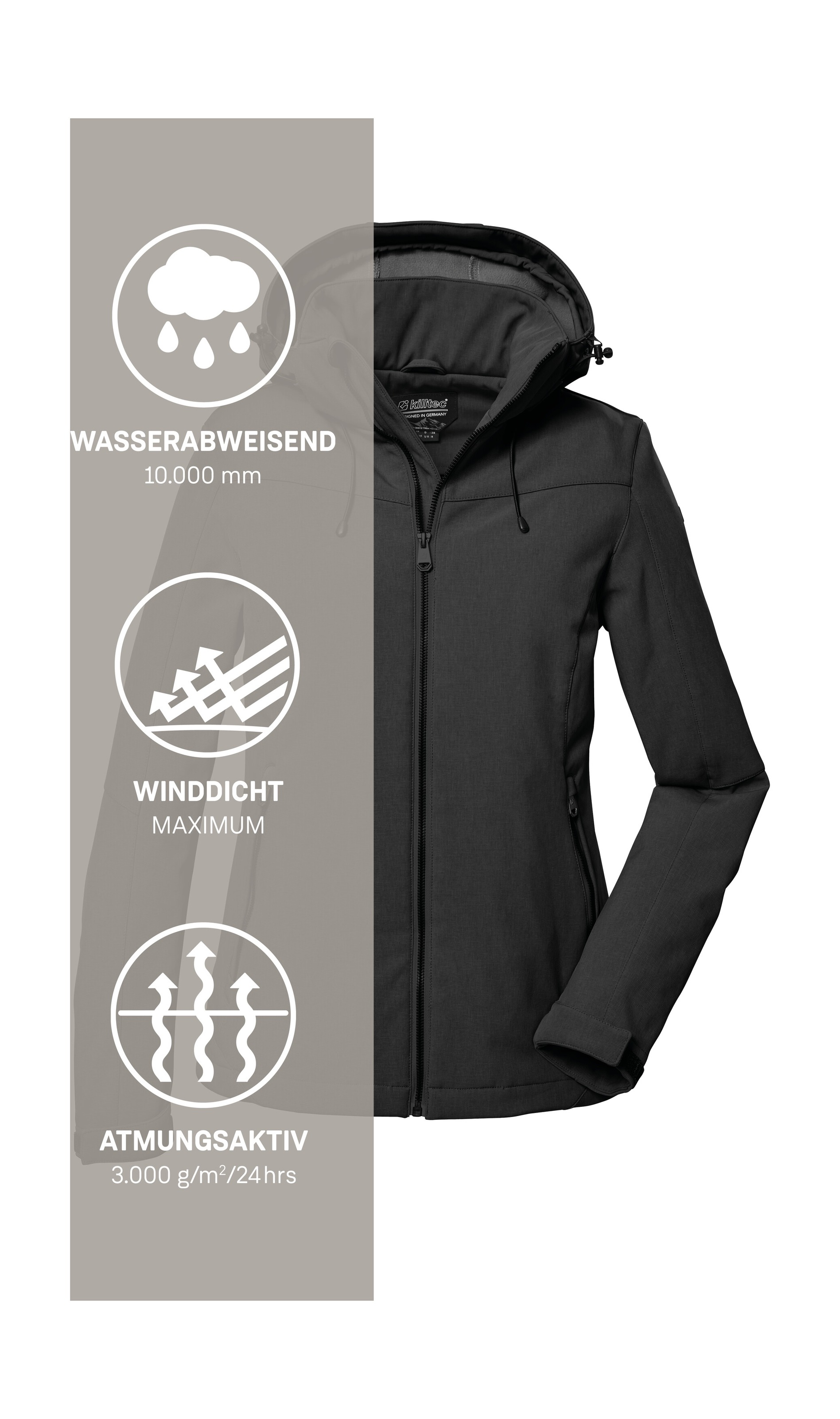 Killtec Softshelljacke »Damen Softshelljacke« Wasserabweisende, winddichte Softshelljacke mit abnehmbarer Kapuze