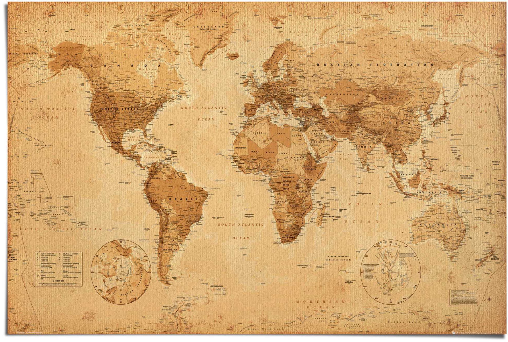 Landkarte«, auf Reinders! - (1 St.) - bestellen »Weltkarte Rechnung Kontinente Vintage Poster