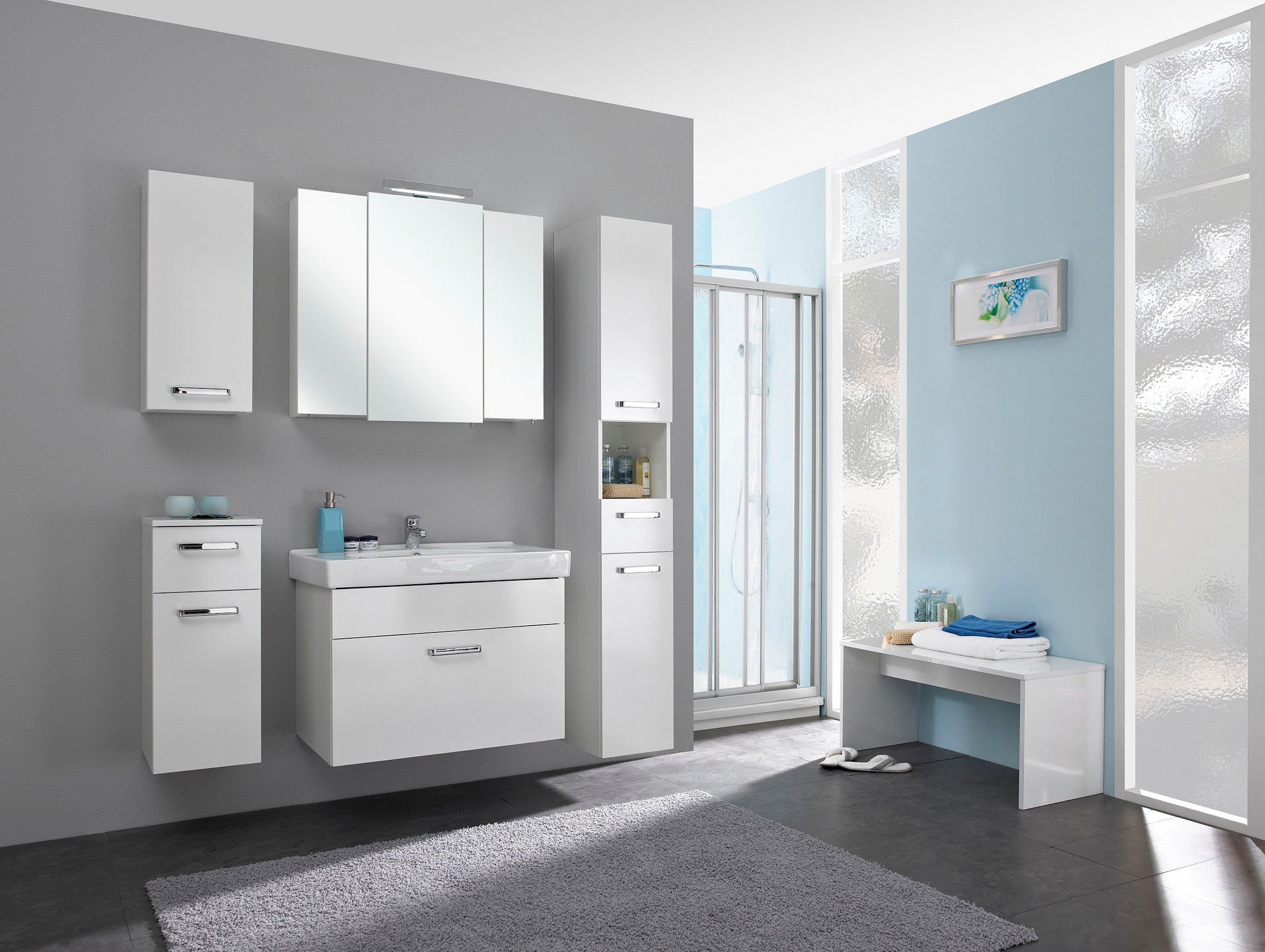 Saphir Badmöbel-Set »Quickset 5-teilig, Keramik-Waschtisch mit LED-Spiegelschrank«, (6 St.), mit Hochschrank, Unterschrank, Hängeschrank, 7 Türen, inkl. Türdämpfer
