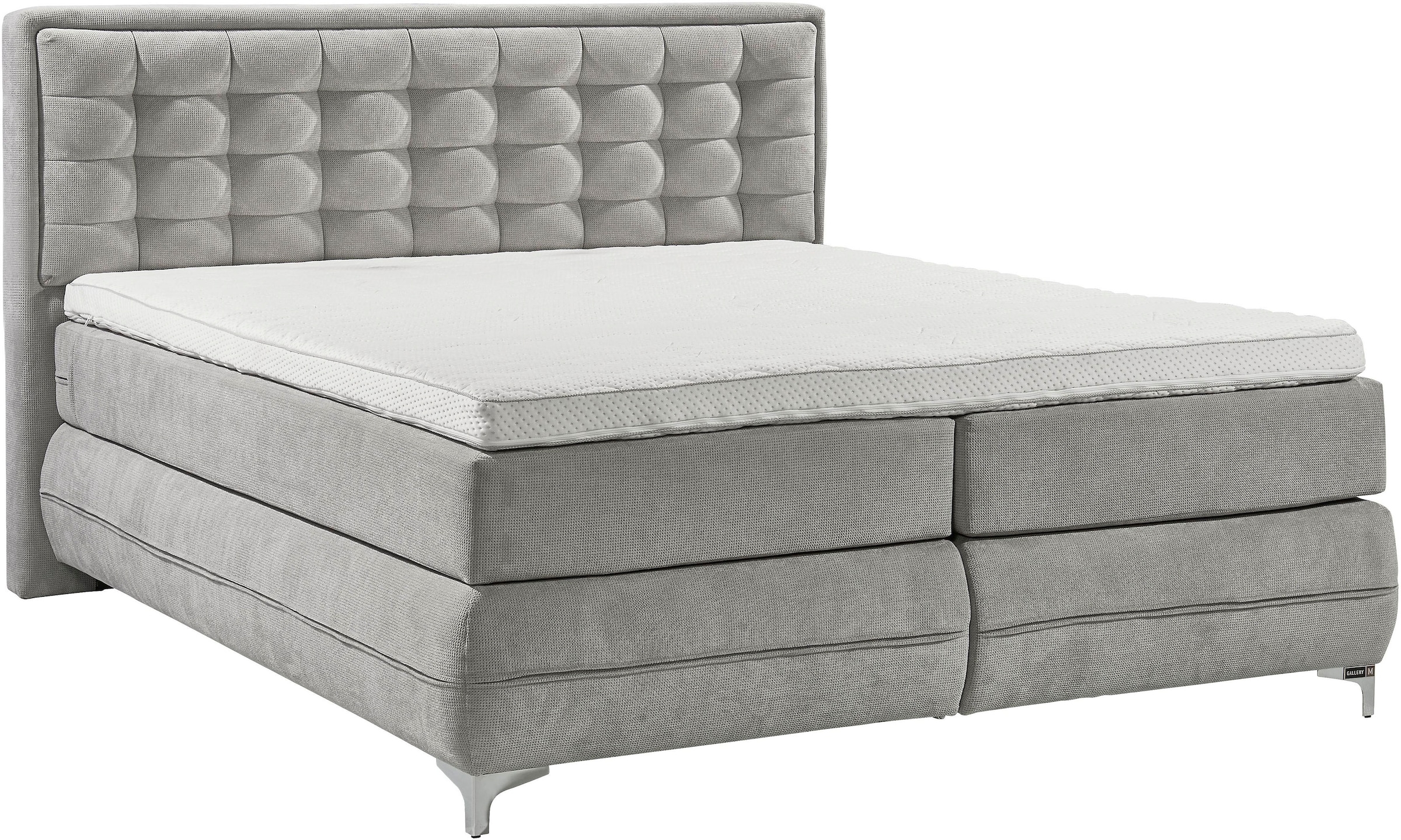 Musterring, Boxspringbett »Dubai« Winkelfuß in Chrom, 3 Härtegrade, Kopfteil in Kassettensteppung, D 041 grau, Microfaser TYPA Bonnellfederkern-