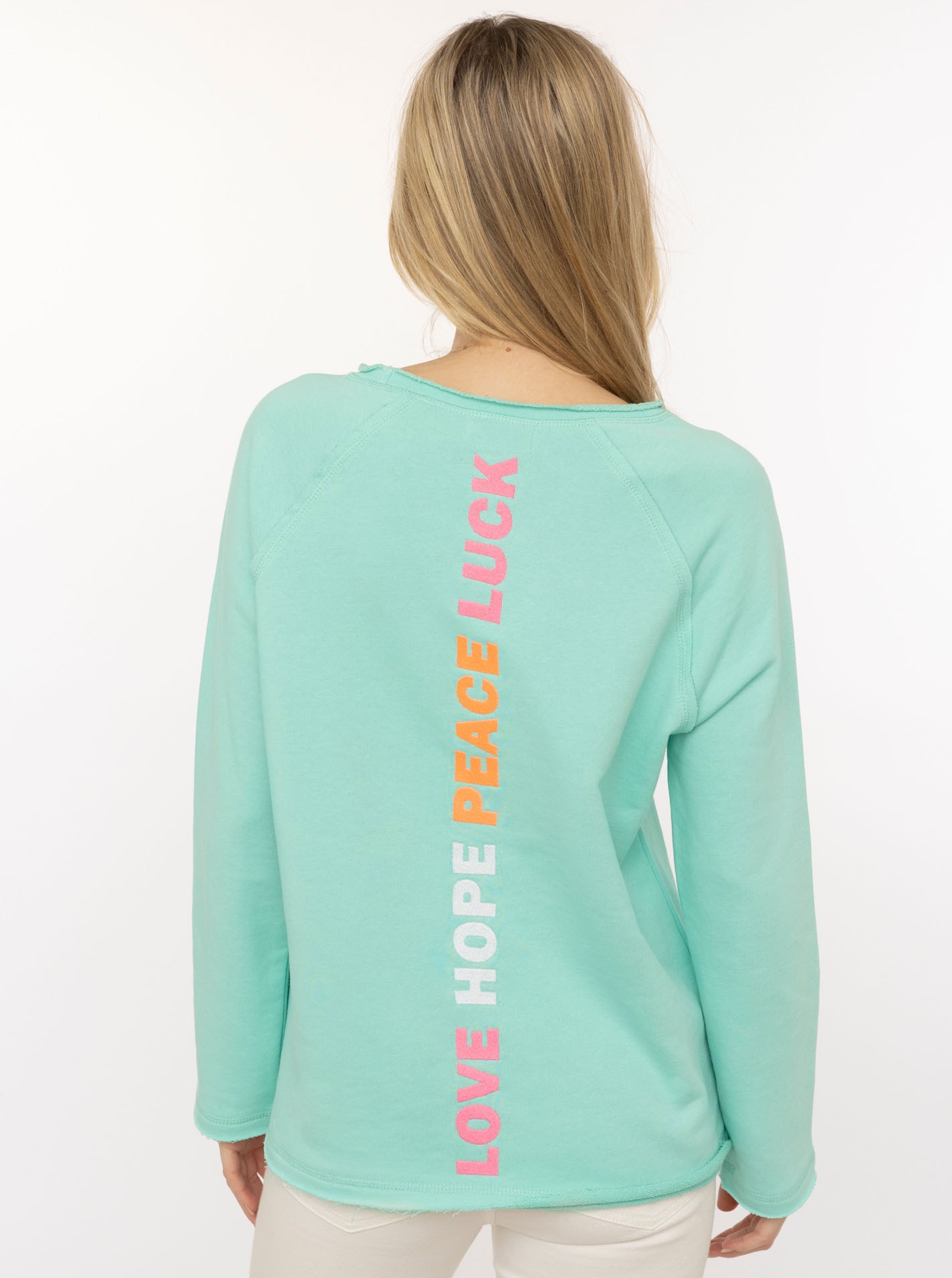 Zwillingsherz Sweatshirt »"Love Smile Luck"«, mit Used-Look Kanten und Stickerei vorne und hinten
