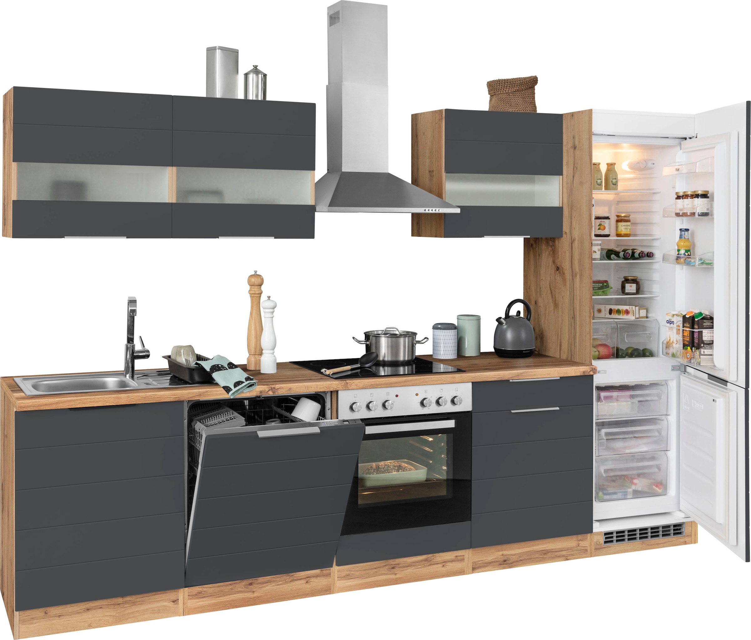 KOCHSTATION Küchenzeile »KS-Luhe« 300 cm breit, wahlweise mit oder ohne E-Geräten, gefräste MDF-Fronten