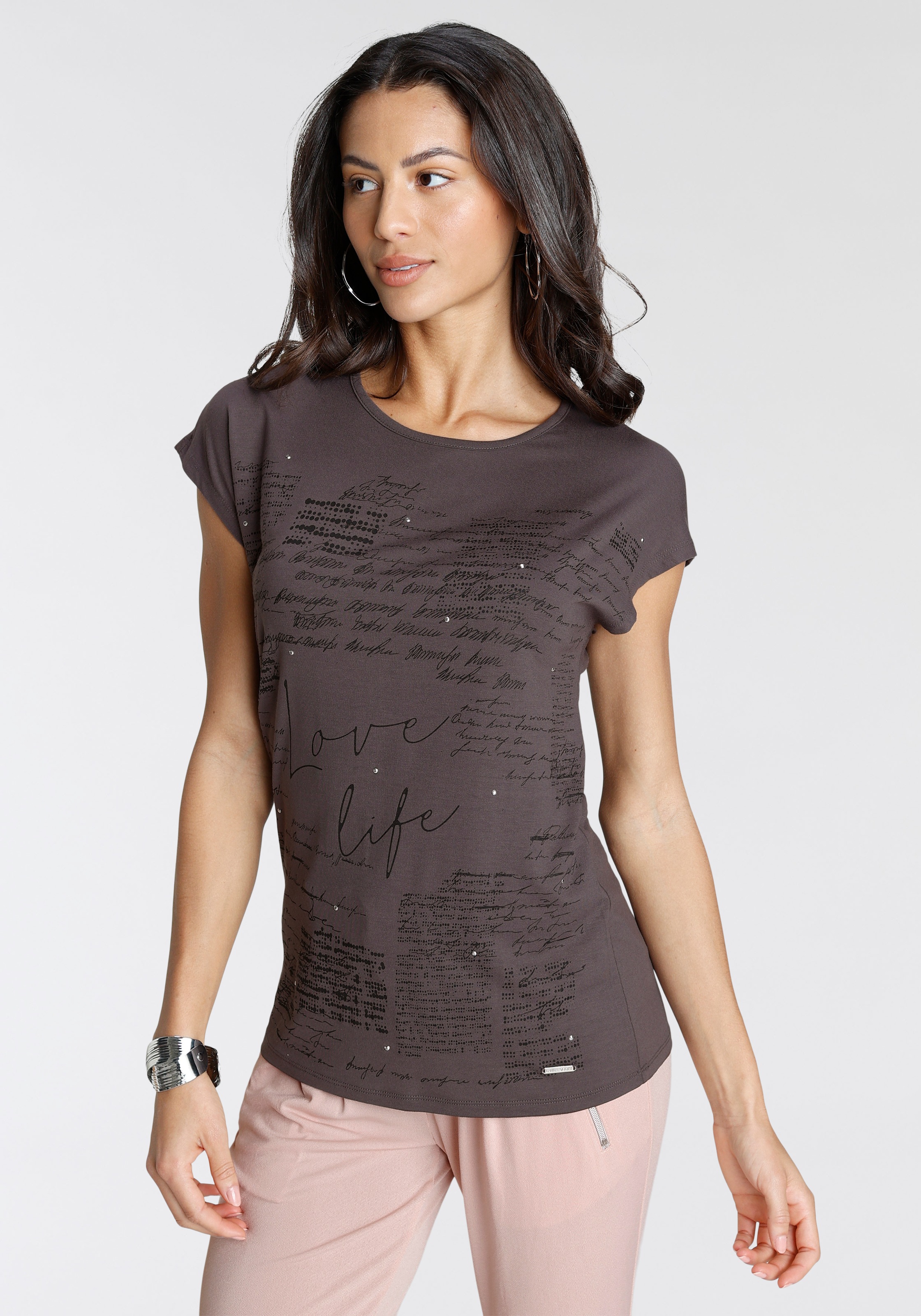 Laura Scott T-Shirt, mit Schriftzügen und Glitzersteinen bei ♕