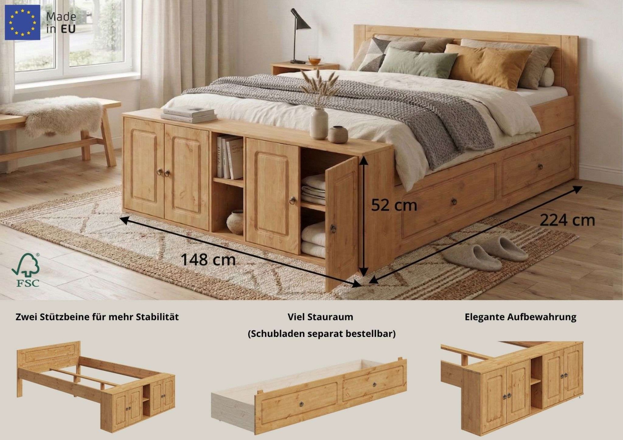 OTTO home Massivholzbett »Paula, mit Türen und Ablage, Schublade optional, Landhausstil« (B/T/H: 148,8/224,4/82 cm,  Massive Kiefer, extra viel Stauraum im Fußteil, FSC®-zertifiziert