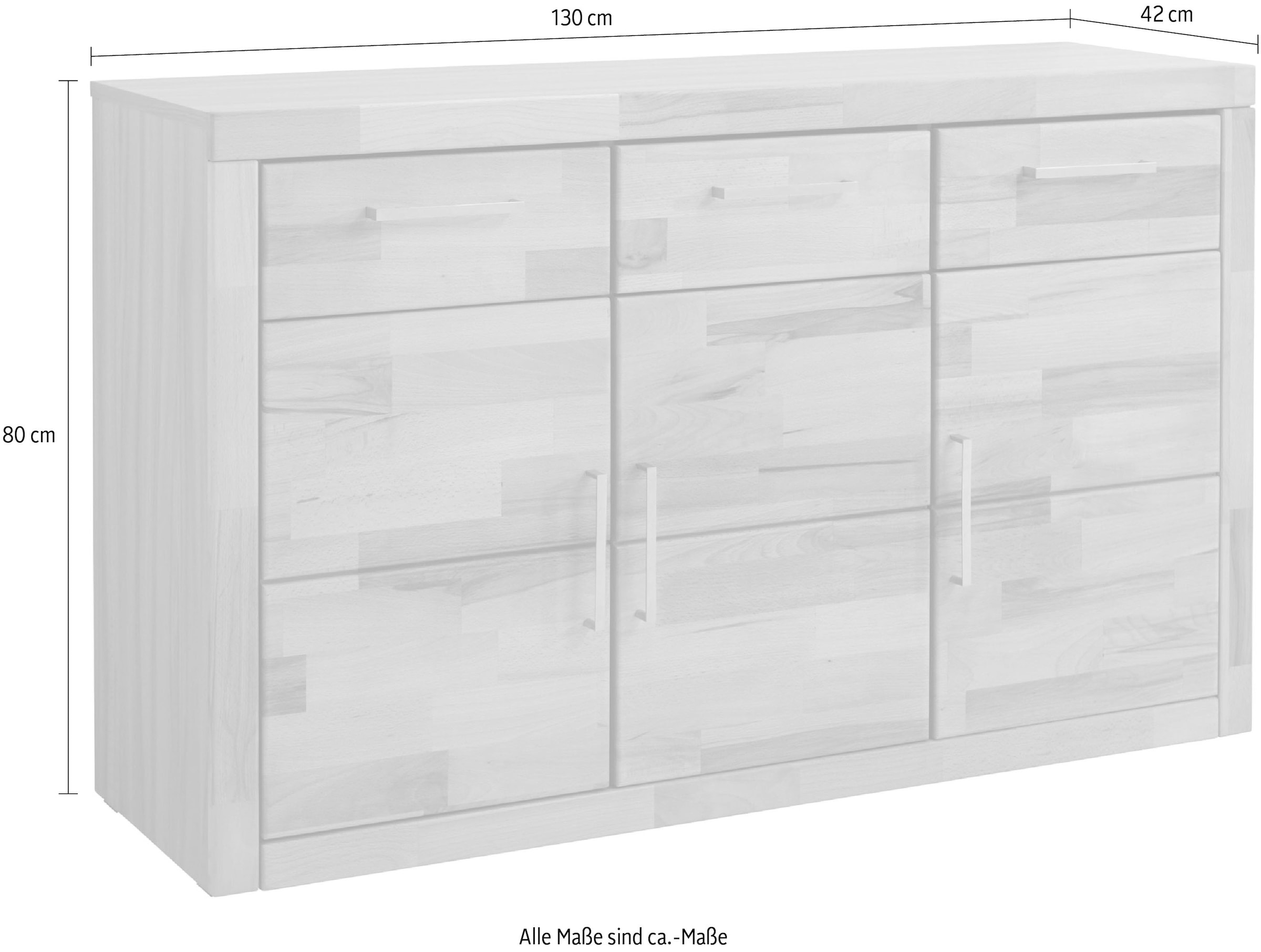 OTTO home Sideboard »Logo,130cm breit,42 cm tief, Fronten Massivholz,2 breite Fächer« Holz massiv, Holzwerkstoff, Metall Griffe,3Türen,3Schubladen