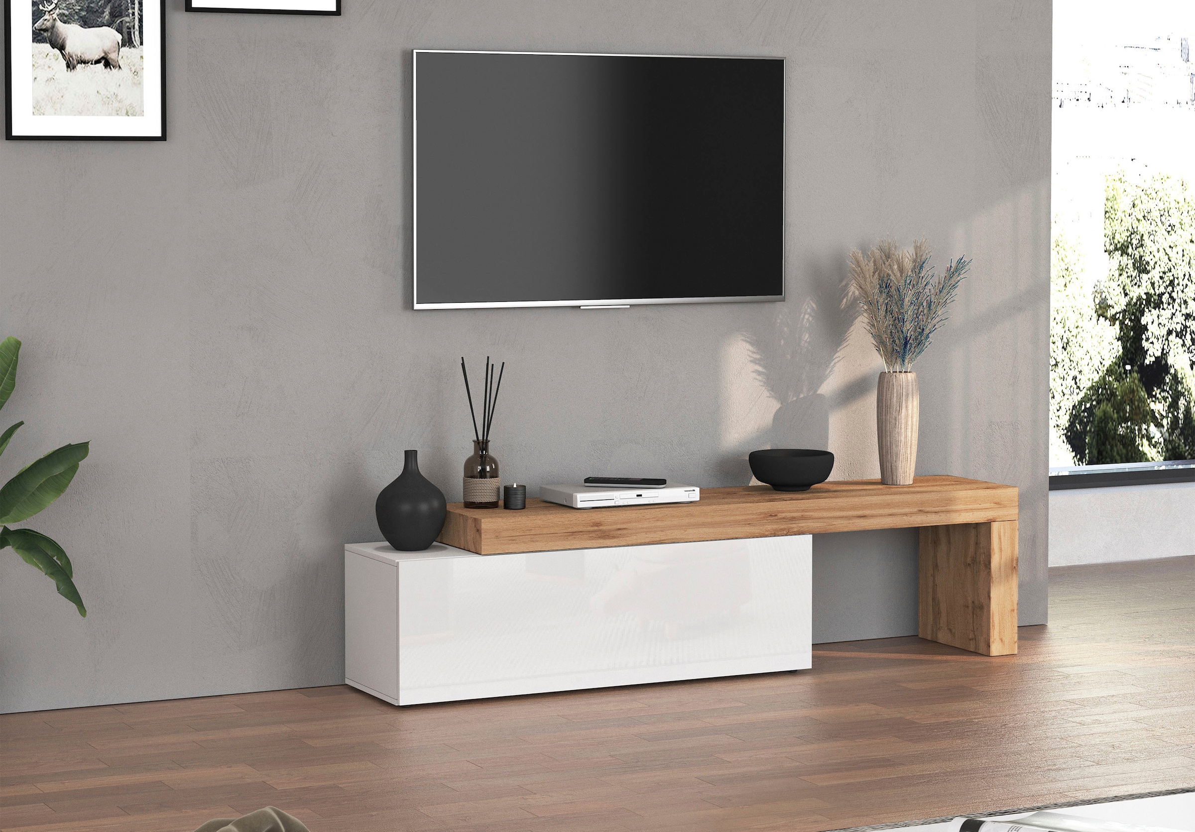 INOSIGN Lowboard »Chronos TV-Board, T-Schrank«, (1 St., Breite verstellbar von 180 bis 290 cm), Breite 240 cm TV-Board,Lowboard,1 Klappe und ein L-Förmiger Aufsatz