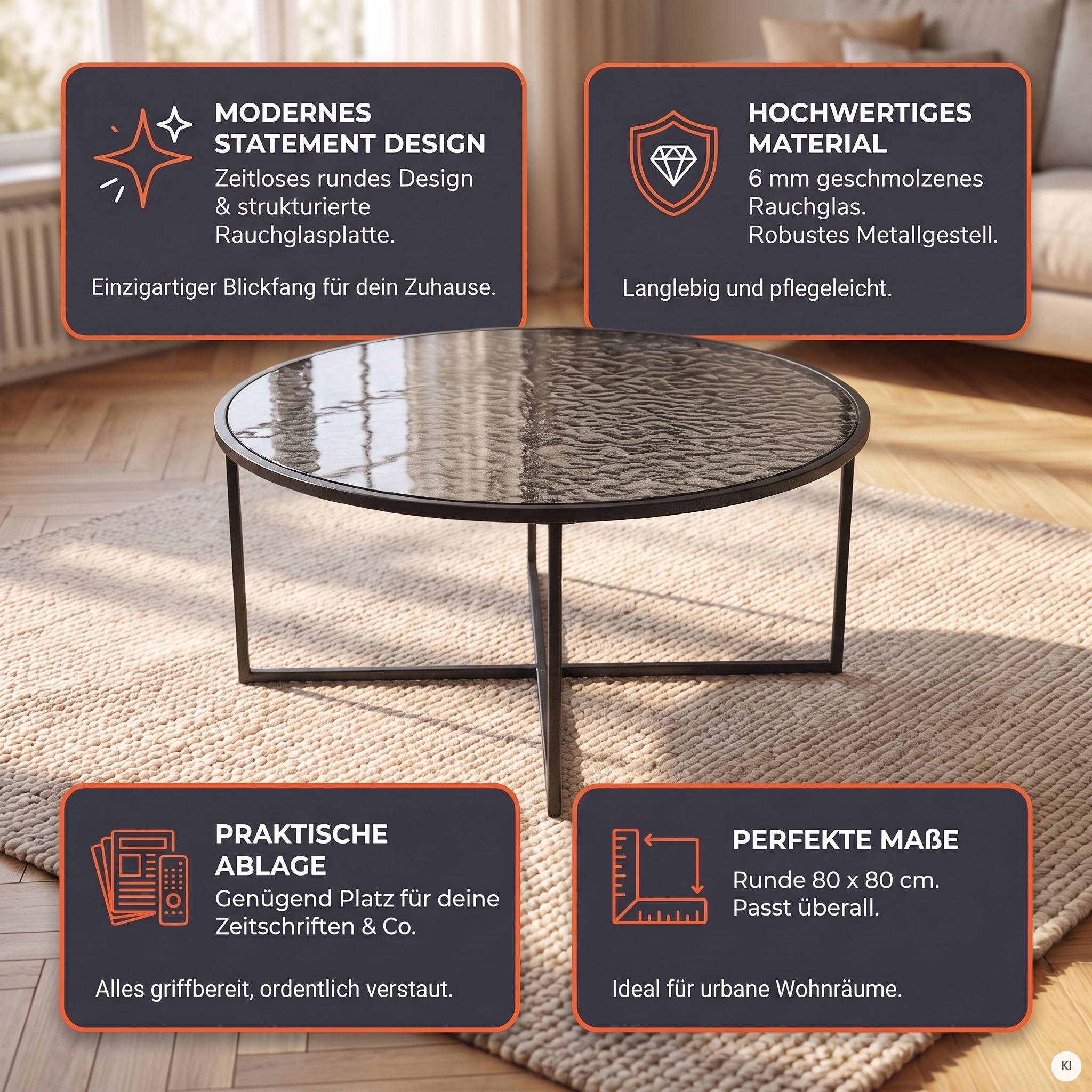 SalesFever Couchtisch »Coffeetable Wohnzimmerhtisch für stylisches Wohnambiente« 1 Stk. tlg. Glasplatte mit Strukturoptik