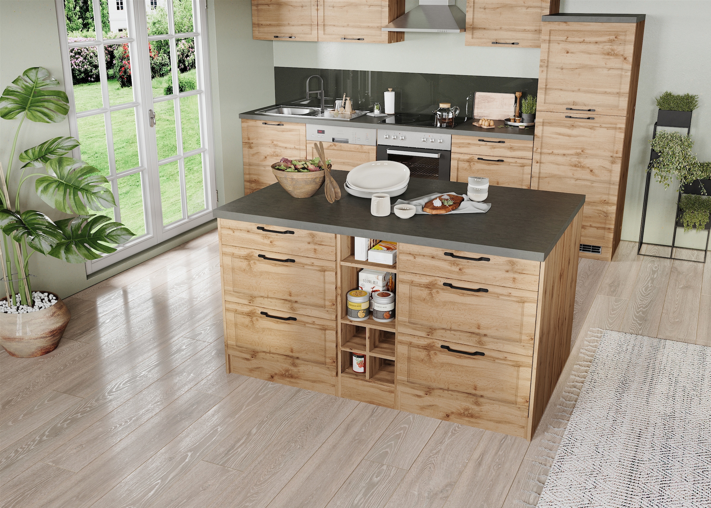 KOCHSTATION Kücheninsel »KS-Lani, Breite 153 cm, mit Flaschenregal«, MDF-Fronten, Arbeitsplatte 38mm stark