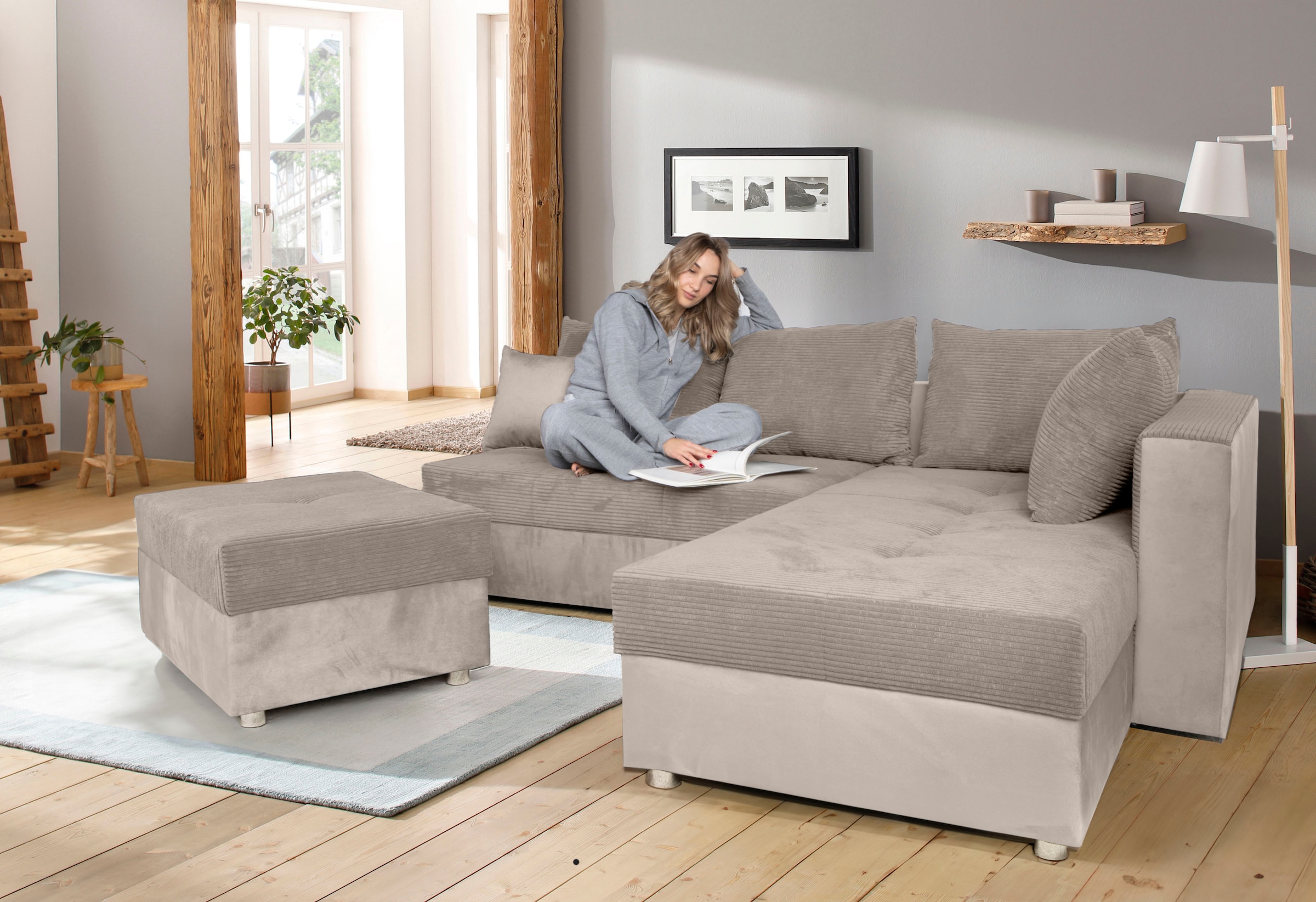 Ecksofa »Italia L-Form«, mit Bettfunktion und Bettkasten, in Cord-Samt Mix