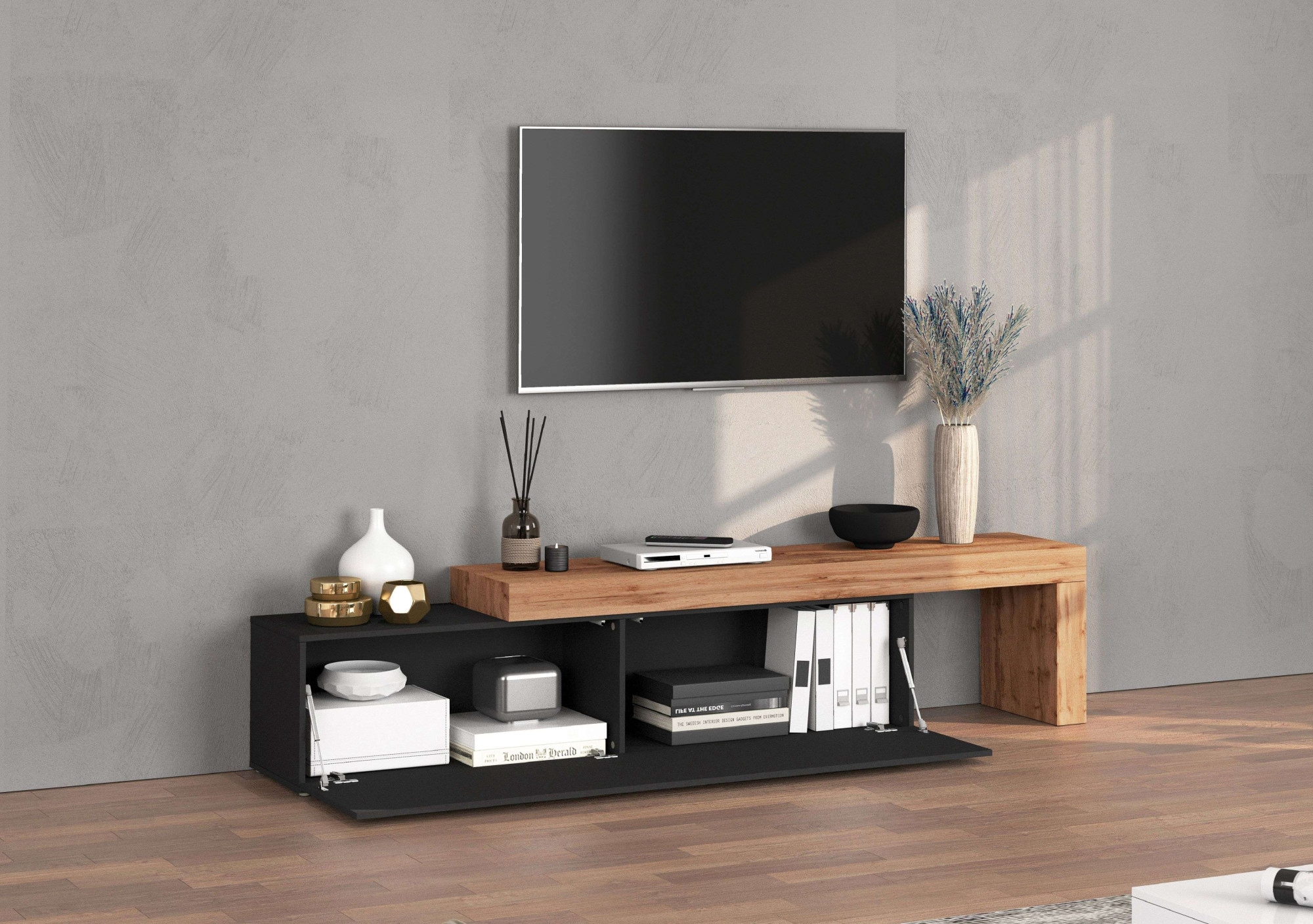 INOSIGN Lowboard »Chronos TV-Board, TV-Schrank«, (1 St., Breite verstellbar von 190 bis 350 cm), Breite 270 cm TV-Board,Lowboard,1 Klappe und ein L-Förmiger Aufsatz