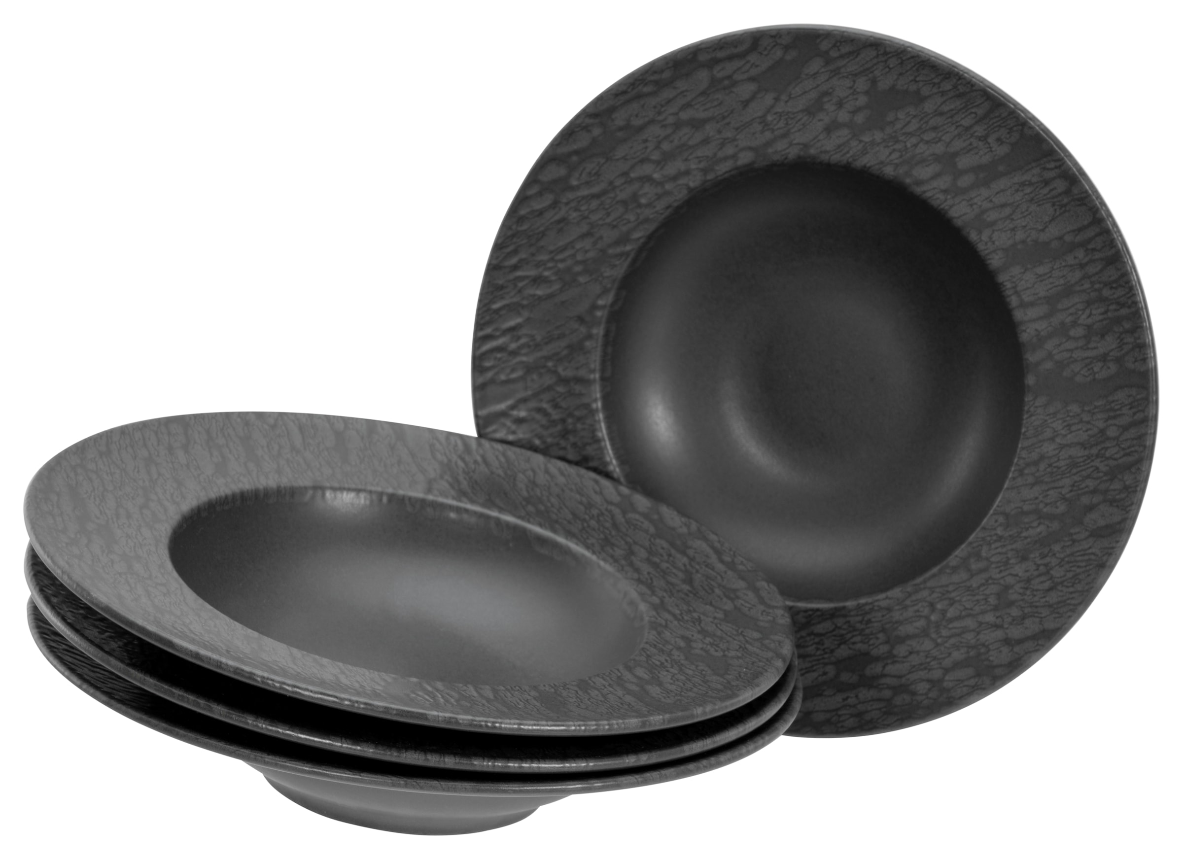 CreaTable Pastateller "Schiefer Black, Pasta Gourmetteller Set 4-tlg" Teller Set, Seidenmatte Spezialglasur, Ausdruckstarkes Relief