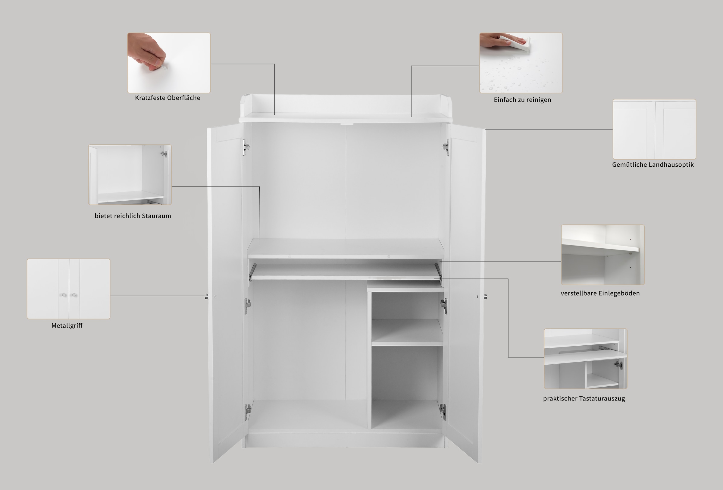 Home affaire Sekretär »Aalborg«, PC-Schrank im Landhaus-Stil, Tastaturauszug, Stauraum, 80x134,5 cm