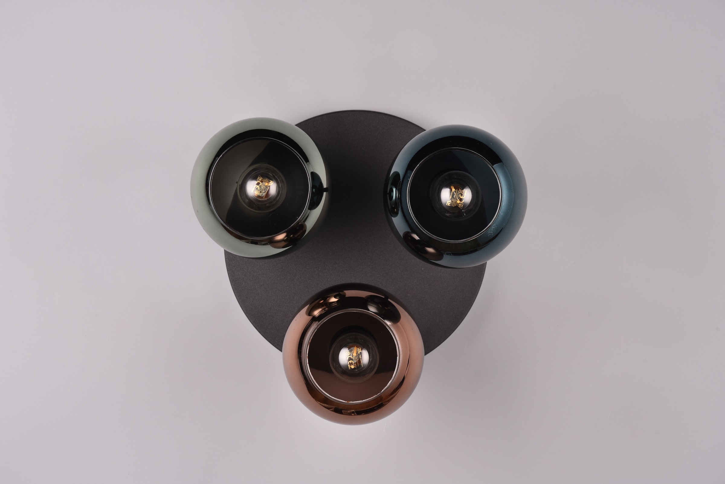 REALITY Leuchten Deckenleuchte »SHELDON, Deckenlampe 3-flammig exkl 3x E14 max 10W Glasschirme bunt«, 3 flammig, Leuchtmittel E14 | Leuchtmittel wechselbar, Ø gesamt 33cm, Deckenleuchte blau grün + kupfer Glas verspiegelt