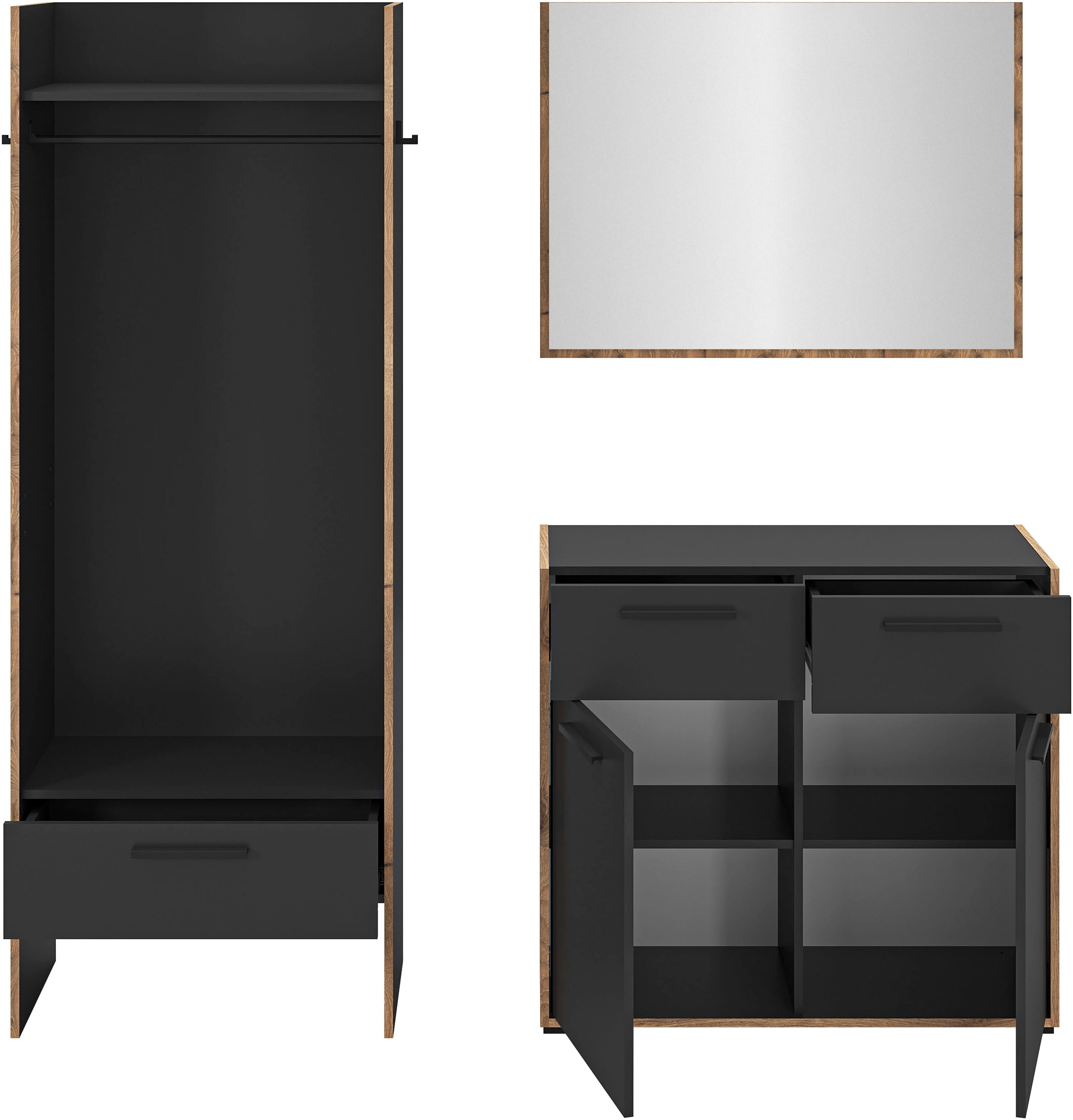 Home affaire Garderoben-Set »MUSTA, 3-teilig: Garderobenschrank, Kommode & Garderobenspiegel«