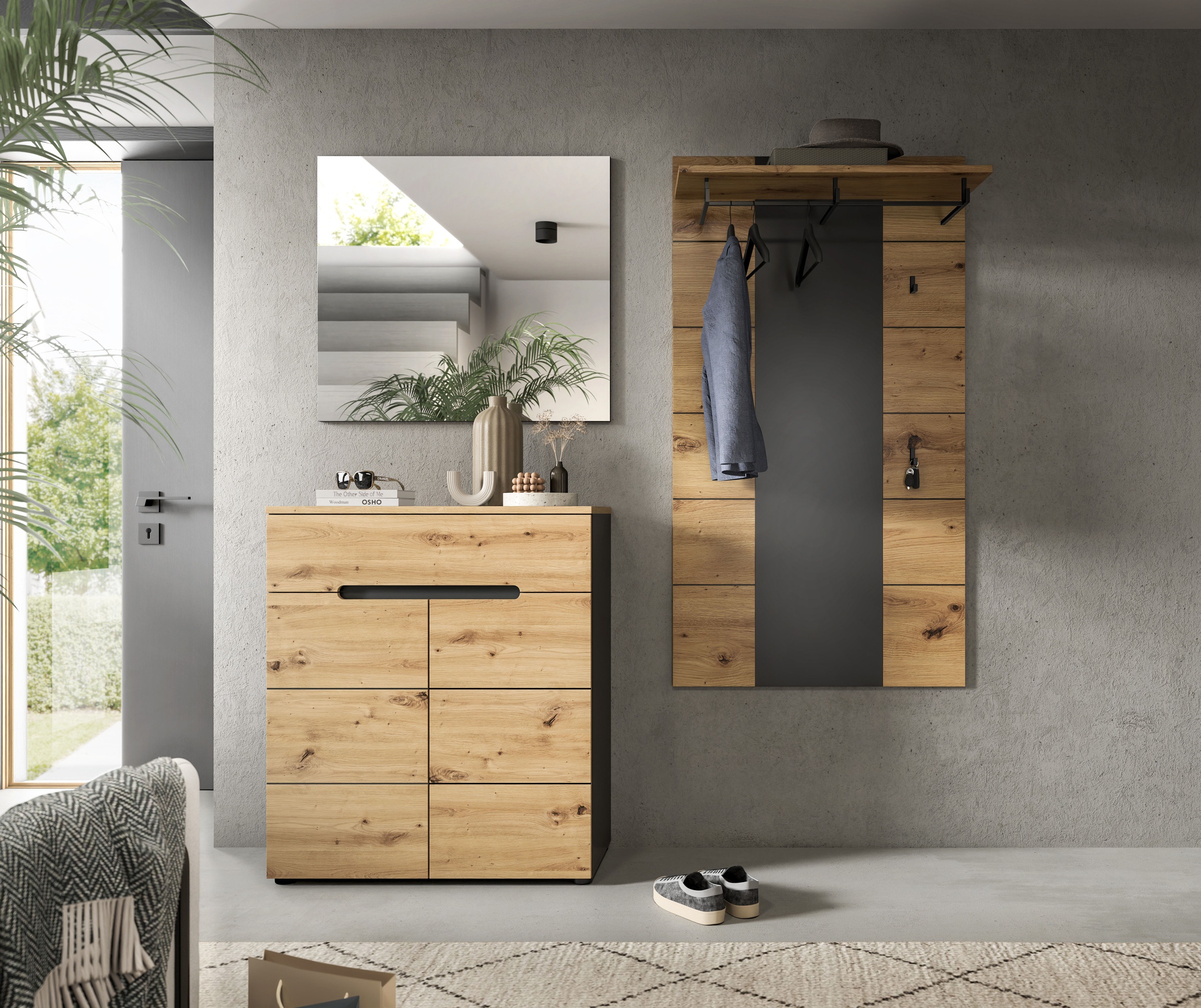 Home affaire Garderoben-Set »REHAT, TOPSELLER!, 3-teilig, Breite 175 cm, individuell erweiterbar« Set, bestehend aus: Kommode, Spiegel und Garderobenpaneel, 3 Stk. tlg.