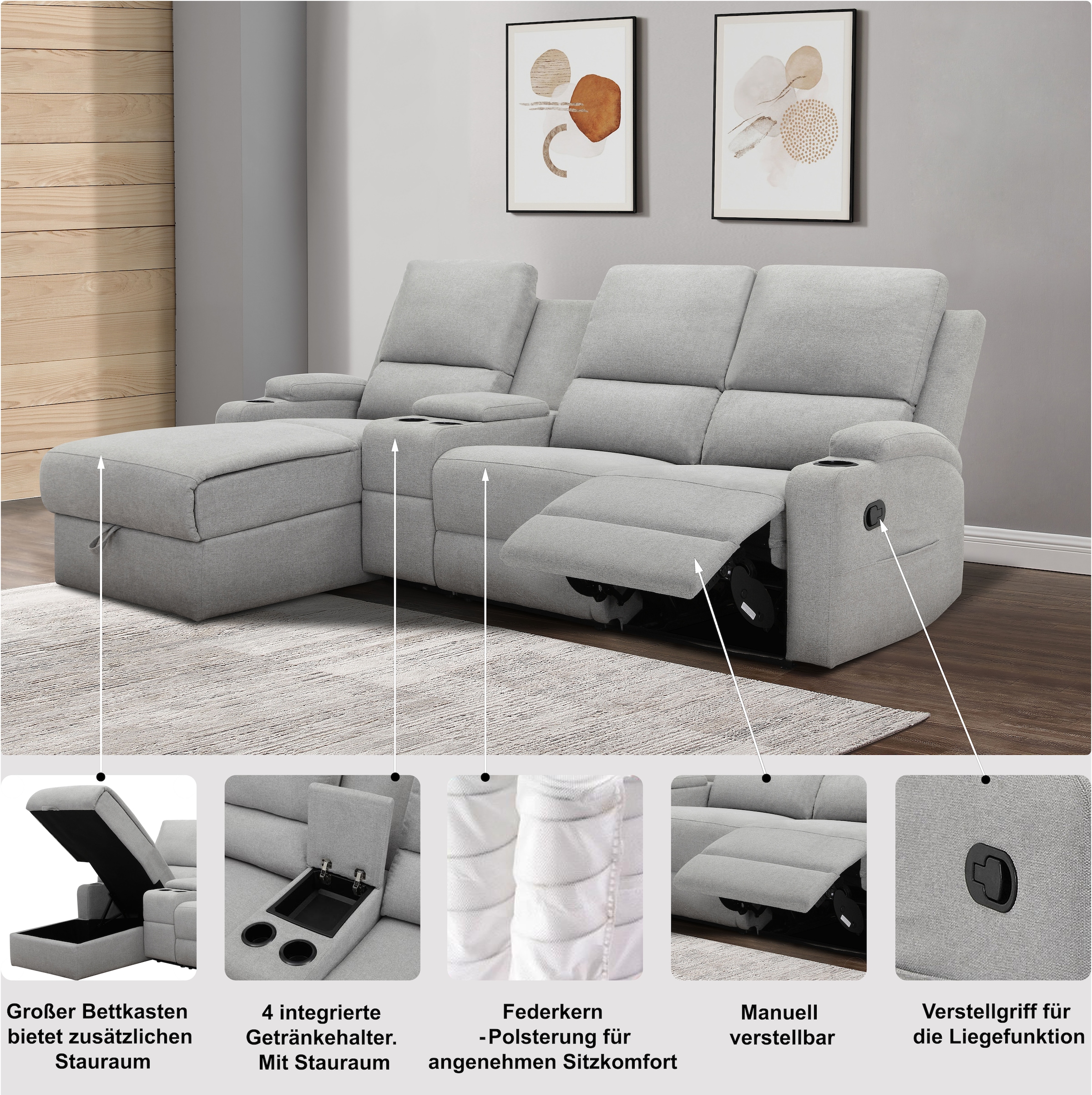 OTTO home Ecksofa »NAPORI Microfaser, Multimediasofa, 3er Kinosessel XXL, L-Form« Kinosofa, manuelle o. elektr. Relaxfunktion, Staufach, Getränkehalter