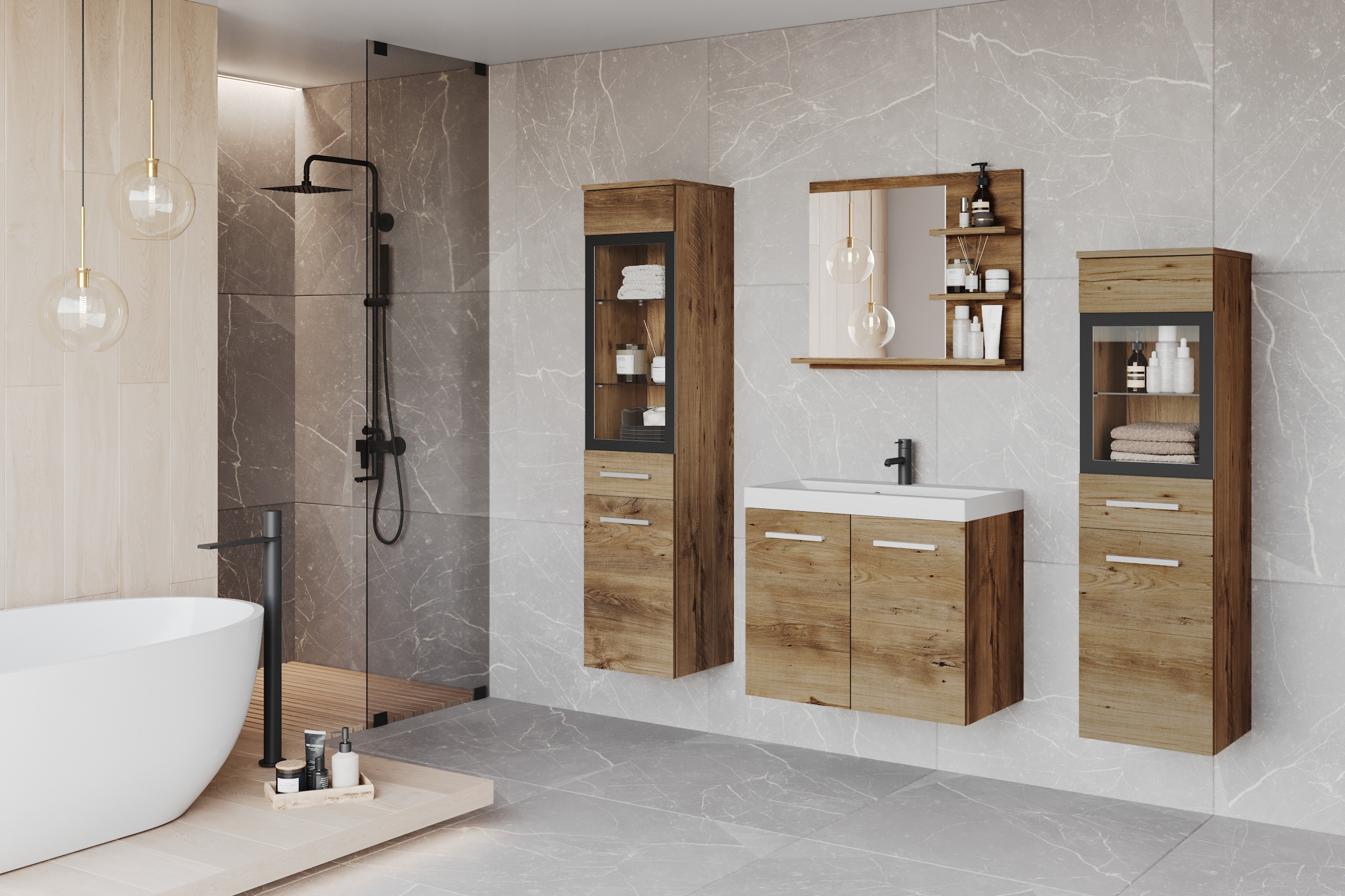 welltime Badmöbel-Set »MADRIT«, (Komplett-Set, 4 St., mit Waschbecken), Waschtisch inkl. Waschbecken, Badschrank, Hochschrank, Spiegel