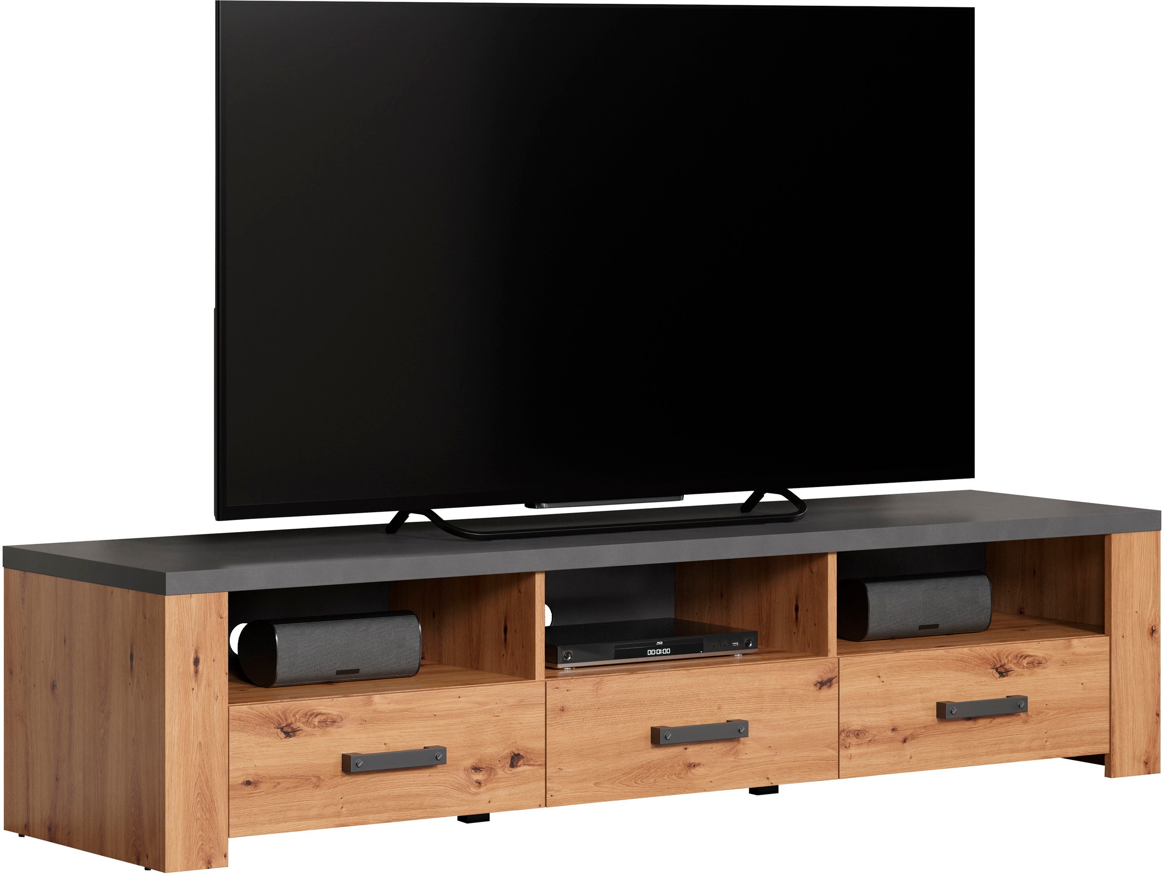 Home affaire TV-Board »Ambres«, (1 St.), TV-Tisch in matter Echtholzoptik, mit 3 offenen Fächern, Breite 180 cm