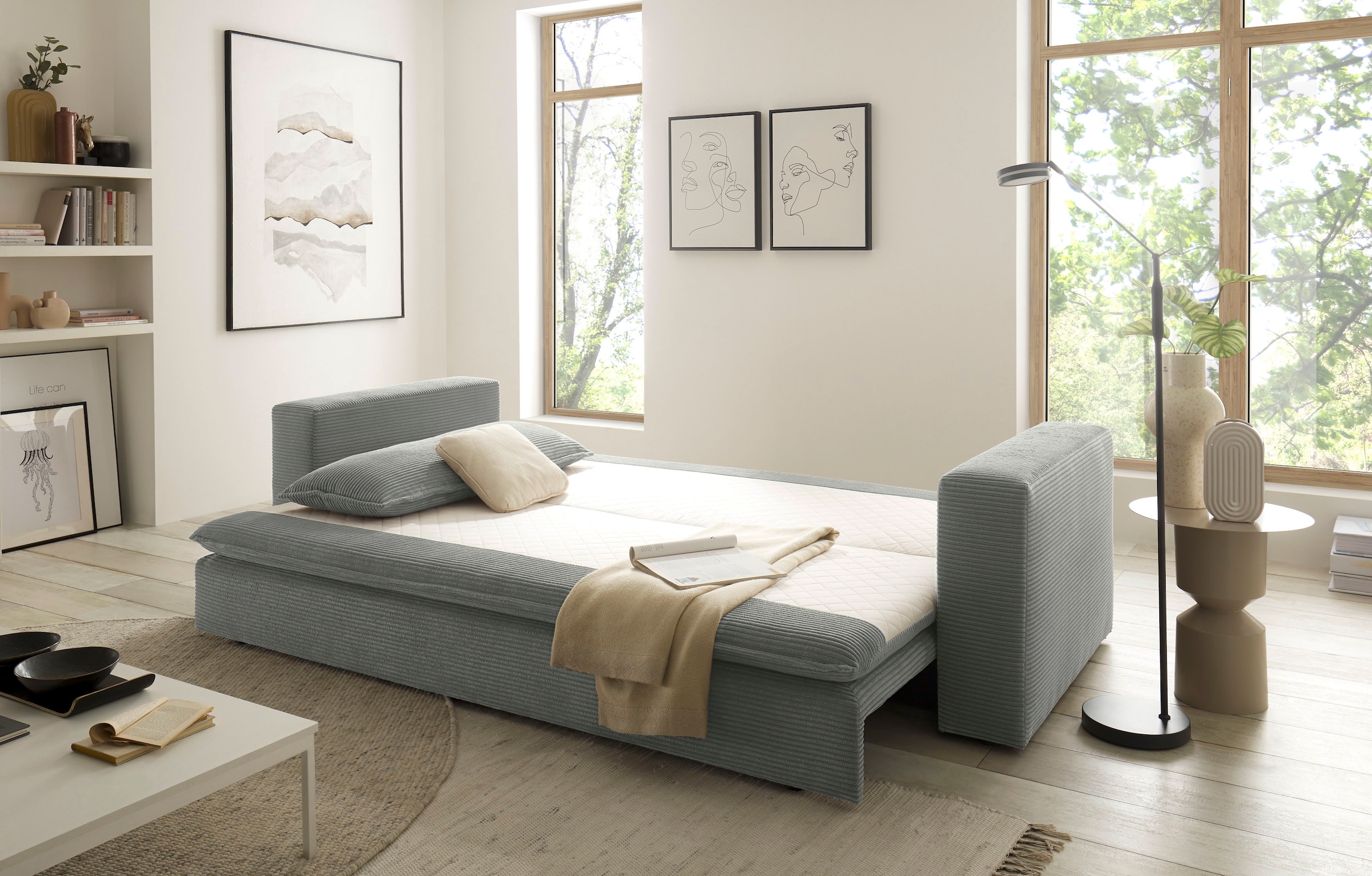 Places of Style 3-Sitzer »PIAGGE«, Cord-Bezug - mit Bettfunktion und Bettkasten, mit praktischem Topper