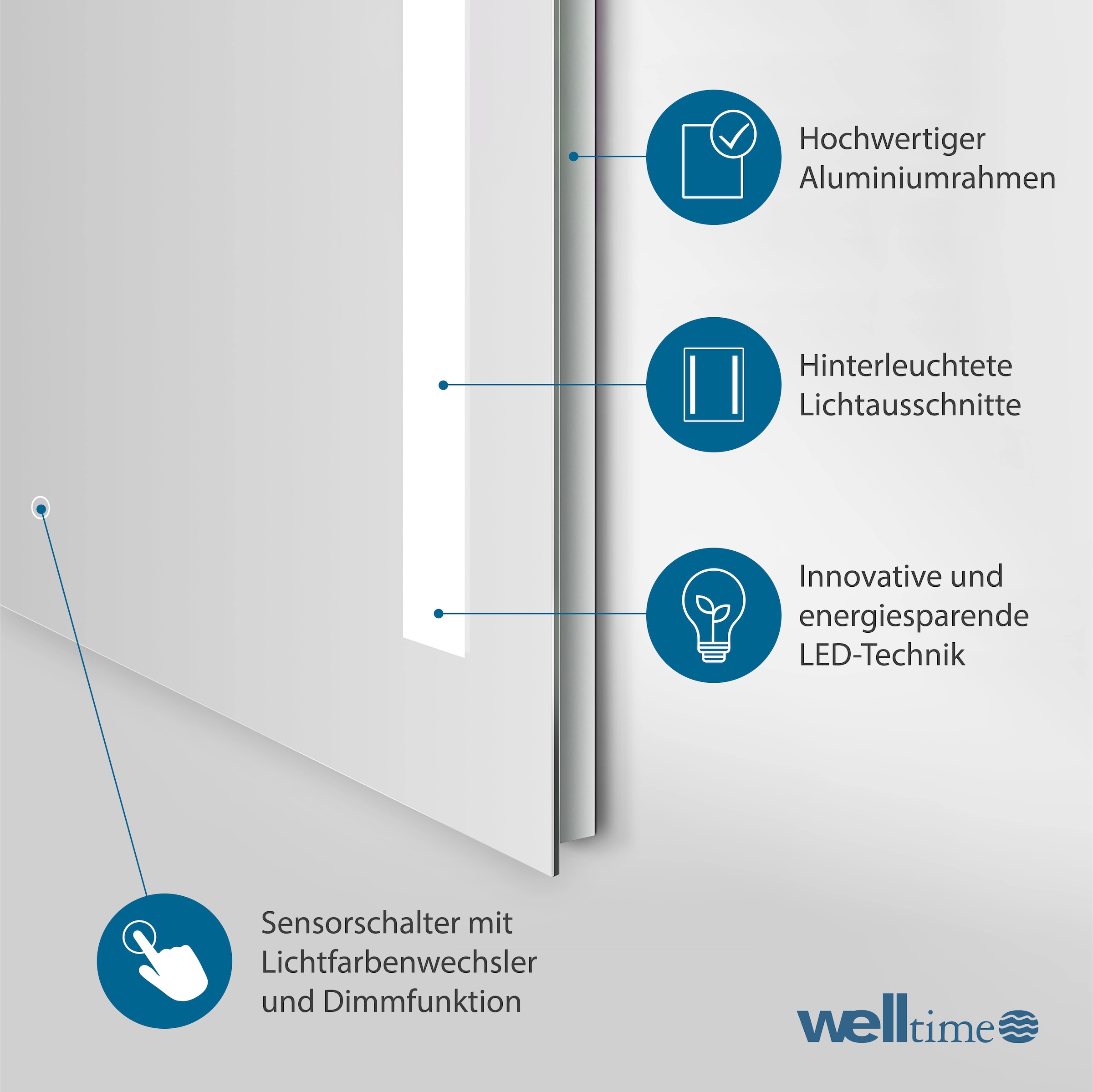 welltime LED-Lichtspiegel »Plaza«, mit Lichtfarbenwechsler und Dimmschalter, in verschiedenen Größen